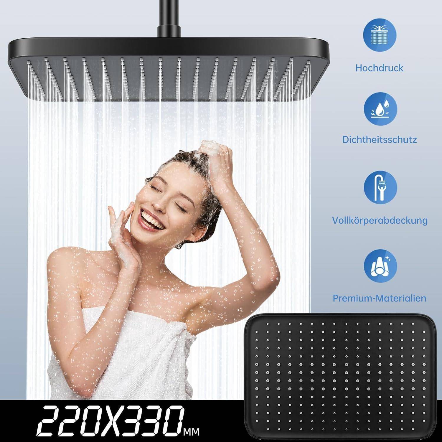 13 Zoll Duschkopf Regendusche, Fester Regenduschkopf Duschbrause mit Anti-Kalk-Düsen, Wasserfall Wassersparend Kopfbrause für Badezimmer(Matt Black)