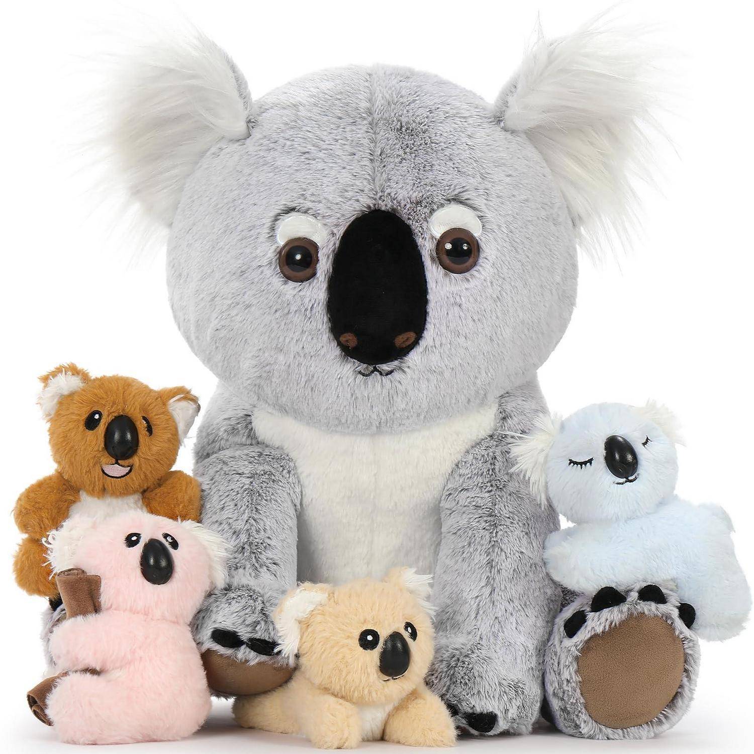 Ein großes graues Kuschel-Koala sitzt in der Mitte, umgeben von vier kleineren Koala-Plüschtieren in Braun, Rosa, Creme und Hellblau.