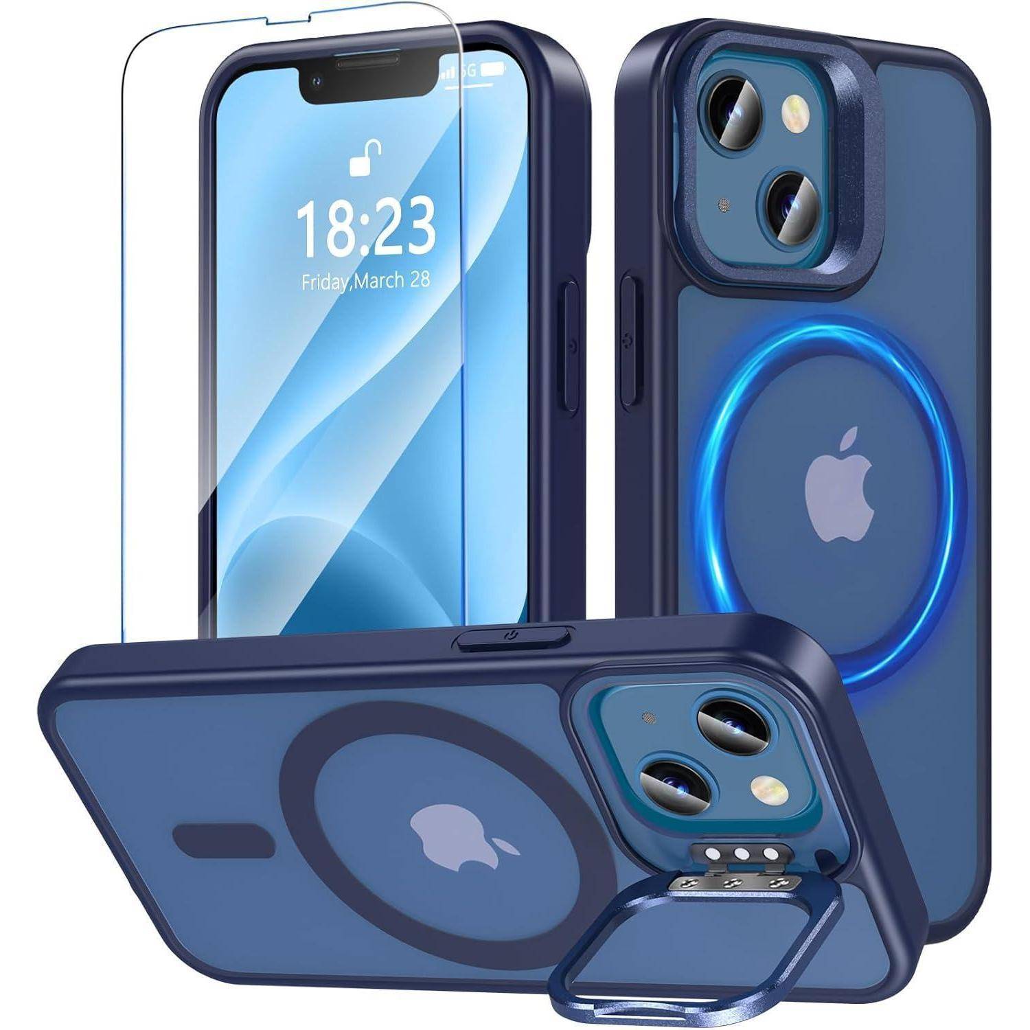 Blaues iPhone-Schutzetui mit transparenter Rückseite, integriertem Ständer, Kamerablendenabdeckung und leuchtendem MagSafe-Ring, dargestellt von vorne, hinten und seitlich.
