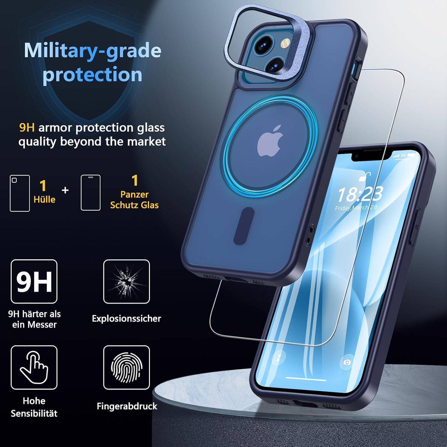 Angebot für eine iPhone-Schutzhülle mit militärischer 9H-Glasschutz, zeigt eine blaue Hülle, Kamerabdeckung und Displayschutz.