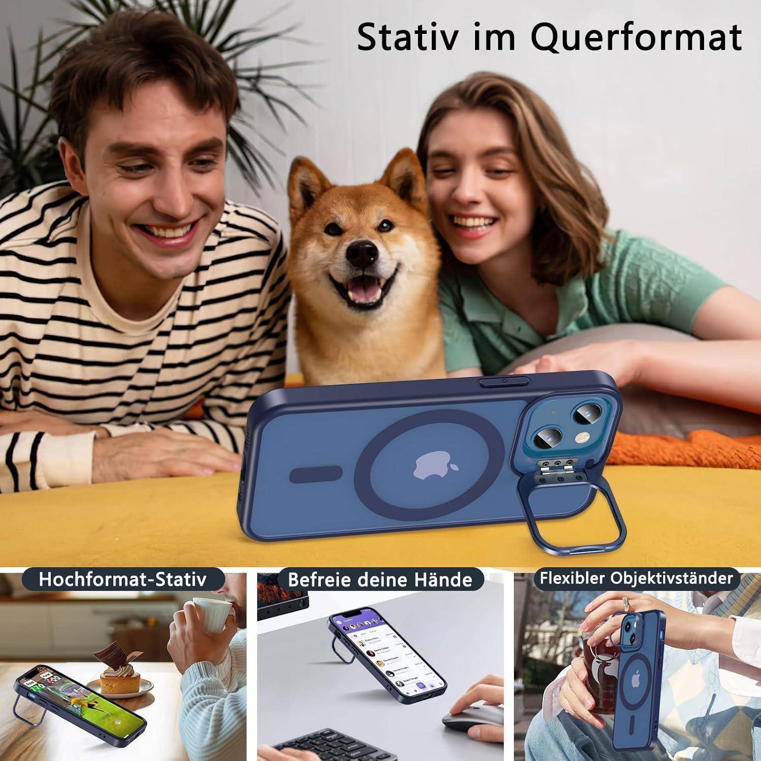 Werbebild für „Stativ im Querformat": Lachendes Paar mit einem Hund posiert hinter einem Landschafts-Telefonständer, plus drei kleinere Beispiele, die die freihändige Telefonnutzung in verschiedenen Szenen zeigen.