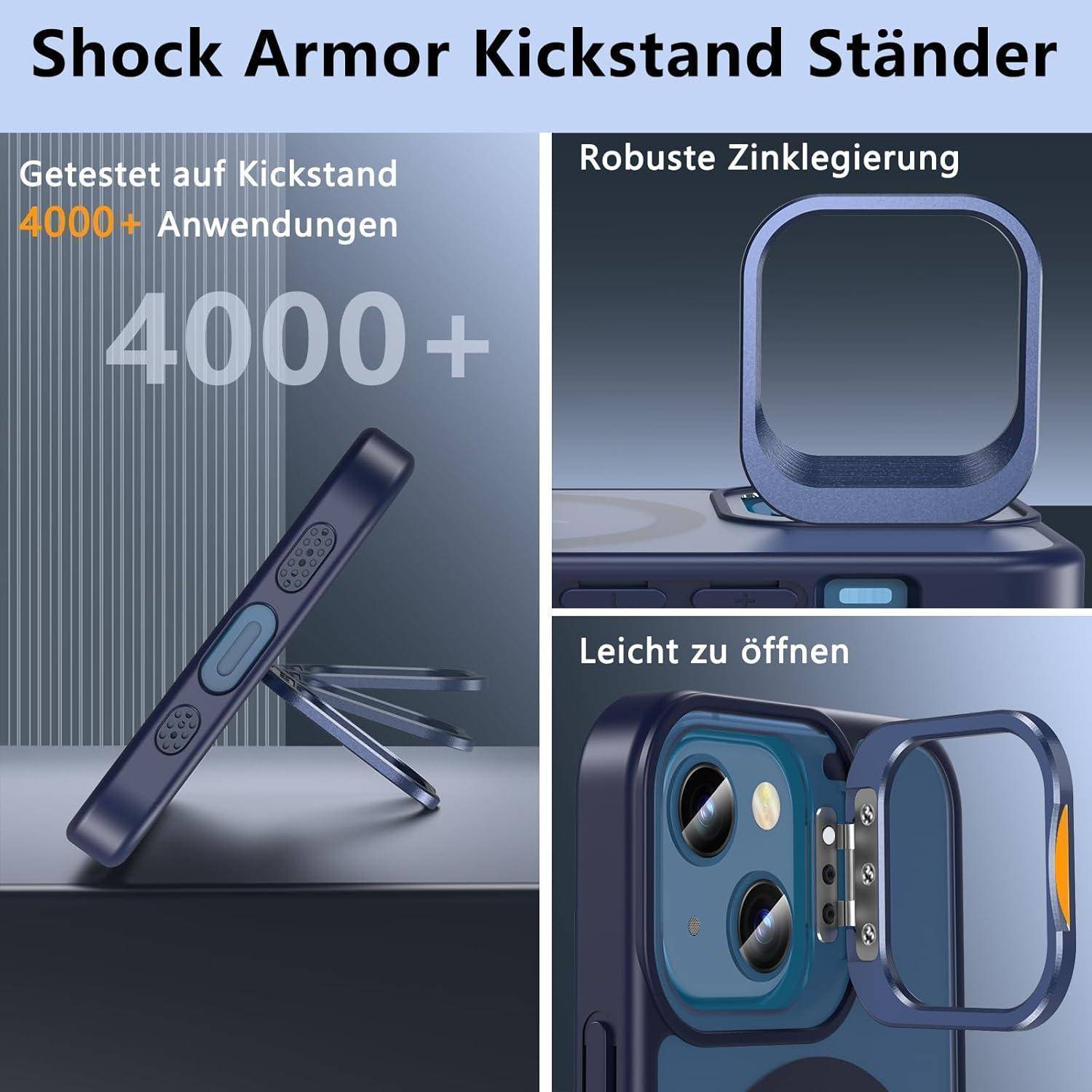 Werbe-Grafik für ein Shock Armor Kickstand Case, das über 4000+ Kickstand-Nutzungen, ein robustes Zinklegierung-Ständer und ein leicht zu öffnendes Scharnier zeigt.