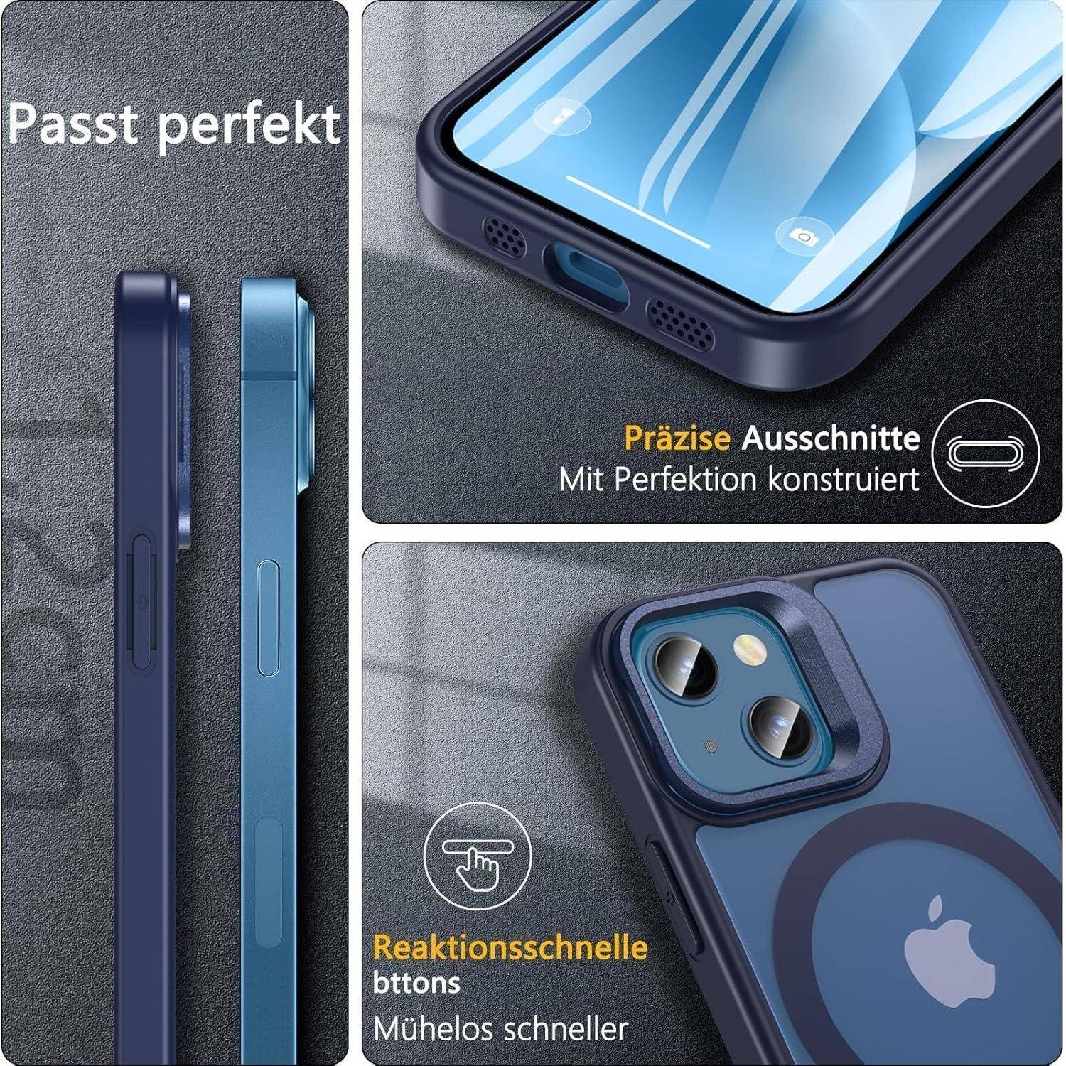 Werbecollage zeigt eine blaue Handyhülle mit präzisen Aussparungen und reaktionsschnellen Tasten, einschließlich Seiten- und Kamera-Nahaufnahmen mit deutschen Beschriftungen.