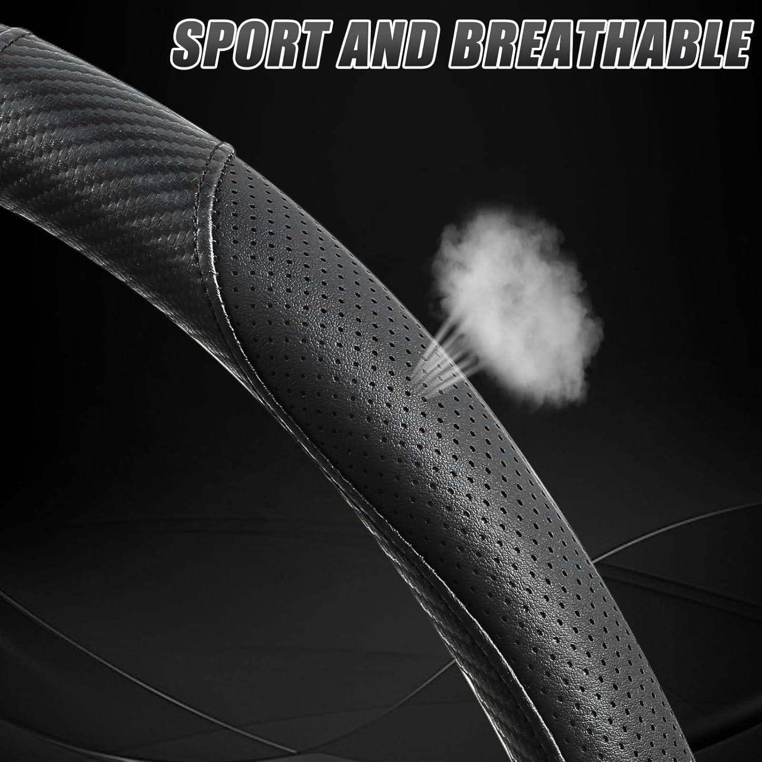 Perforiertes schwarzes gebogenes Material mit der Aufschrift „SPORT AND BREATHABLE" und einer Dampfwolke, die Luftstrom und Atmungsaktivität veranschaulicht.