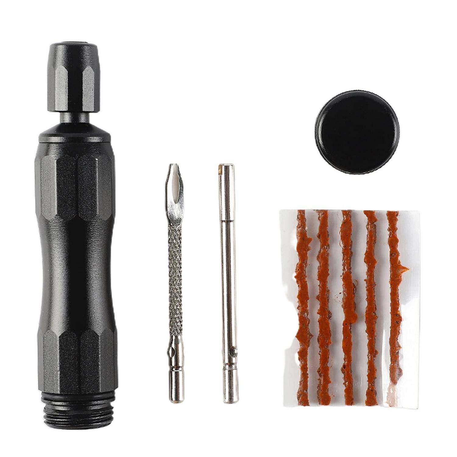 Flickzeugset mit schwarzem Griff-Werkzeug, zwei Metall-Einsatzwerkzeugen, einer runden Kappe und Klebstoff-Reparaturstreifen.