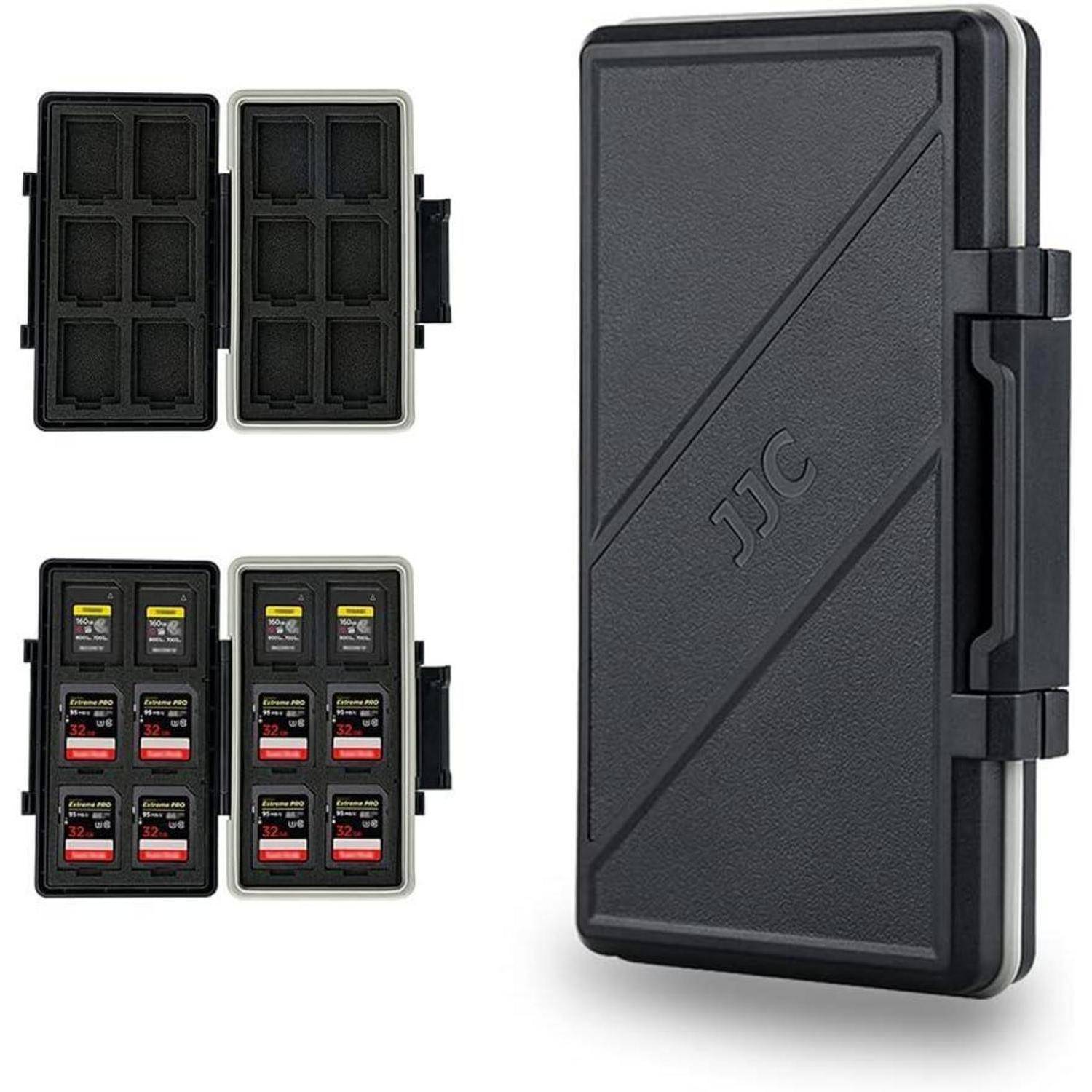 Schwarzer JJC Hartschutzkoffer für Speicherkarten, geöffnet und geschlossen dargestellt, mit Fächern für SD- und microSD-Karten.