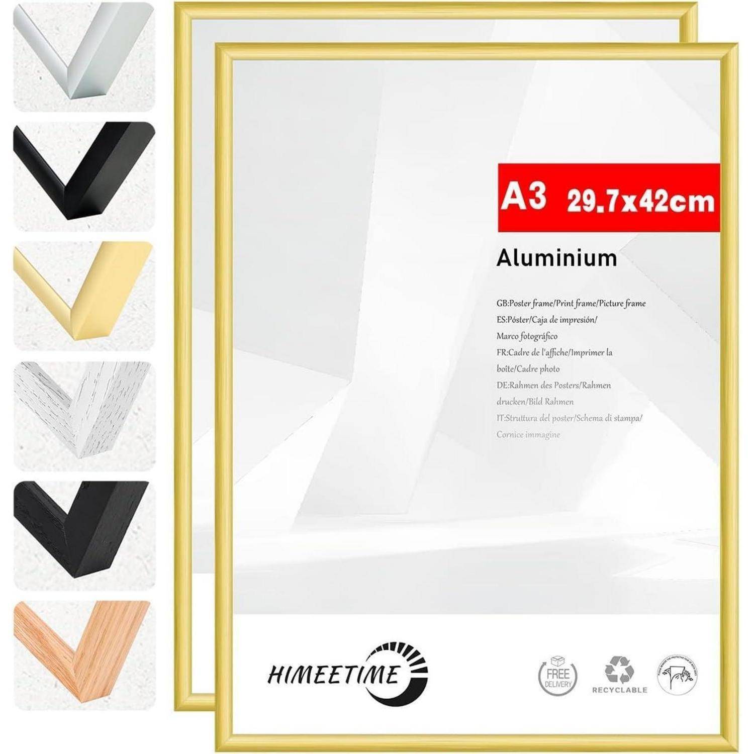 A3-Aluminium-Posterrahmen, 29,7 x 42 cm, in Gold gezeigt, mit zusätzlichen Farboptionen in einer linken Spalte.
