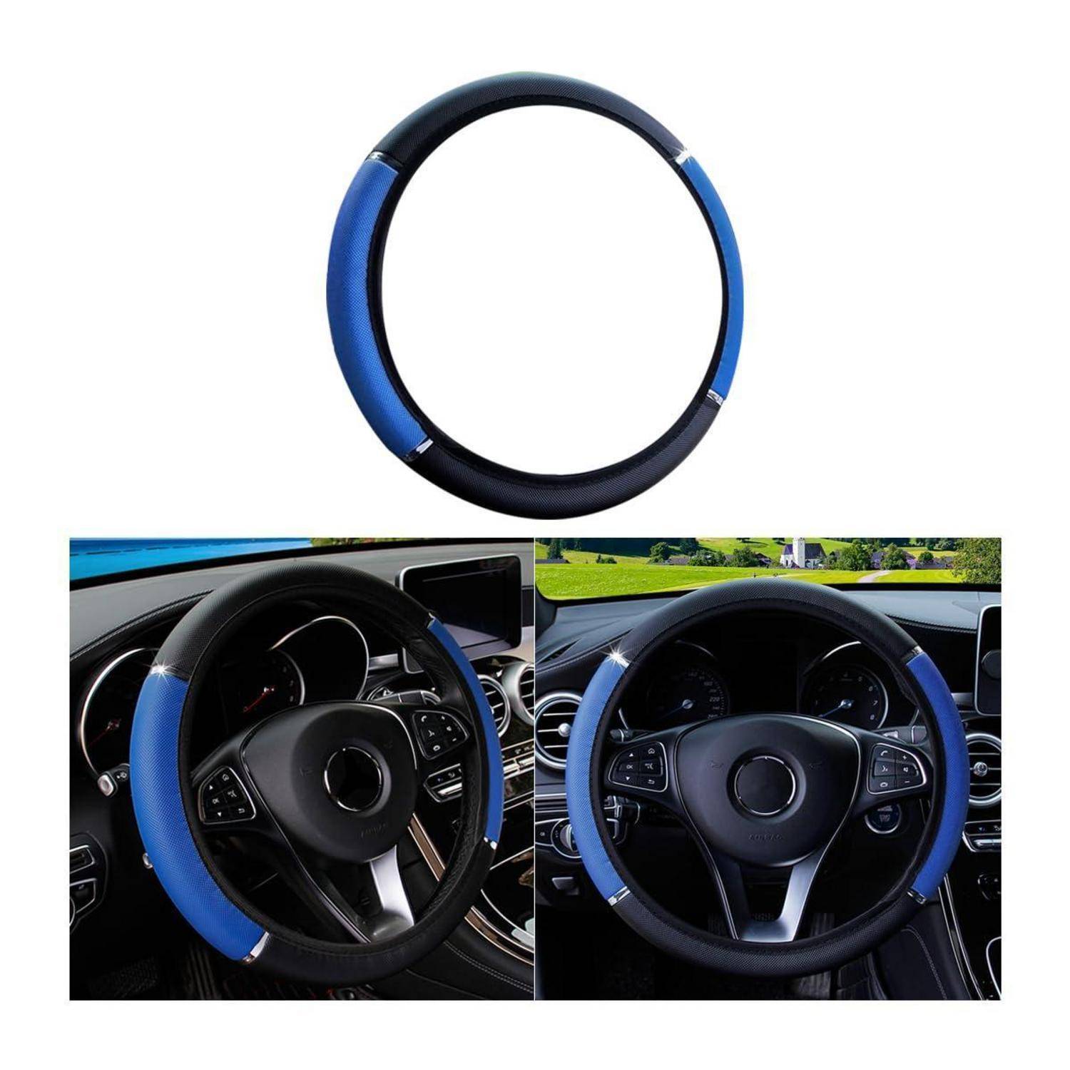 Blauschwarzer Lenkradschutz, einzeln abgebildet und montiert auf einem Autolenkrad aus zwei Innenraumansichten.