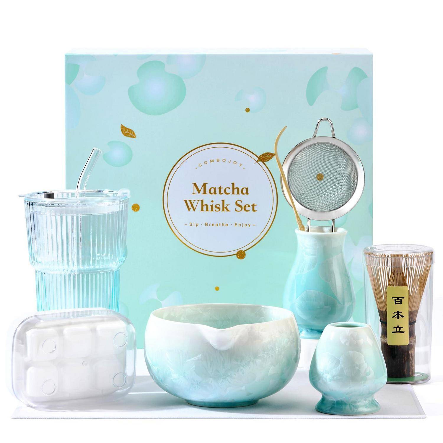ComboJoy Matcha Set Blau - 9-teiliges Crystal Flower Matcha Schale, Bambusbesen & Halter, Matcha gläser, Eiswürfel form, Löffel & Sieb mit Halter