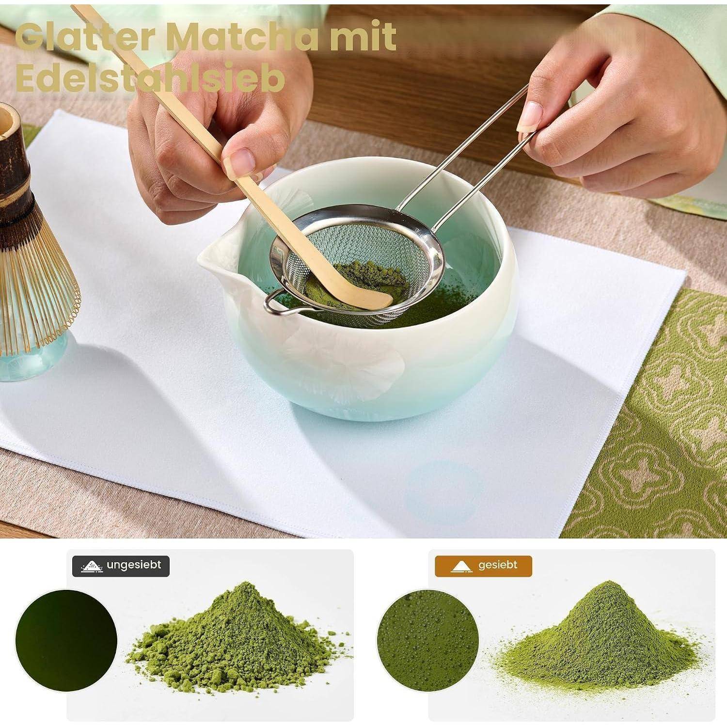 ComboJoy Matcha Set Blau - 9-teiliges Crystal Flower Matcha Schale, Bambusbesen & Halter, Matcha gläser, Eiswürfel form, Löffel & Sieb mit Halter