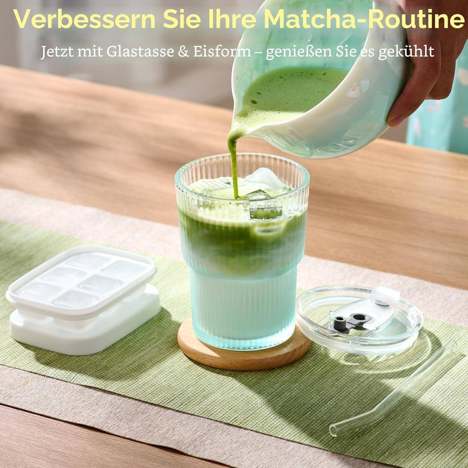 ComboJoy Matcha Set Blau - 9-teiliges Crystal Flower Matcha Schale, Bambusbesen & Halter, Matcha gläser, Eiswürfel form, Löffel & Sieb mit Halter