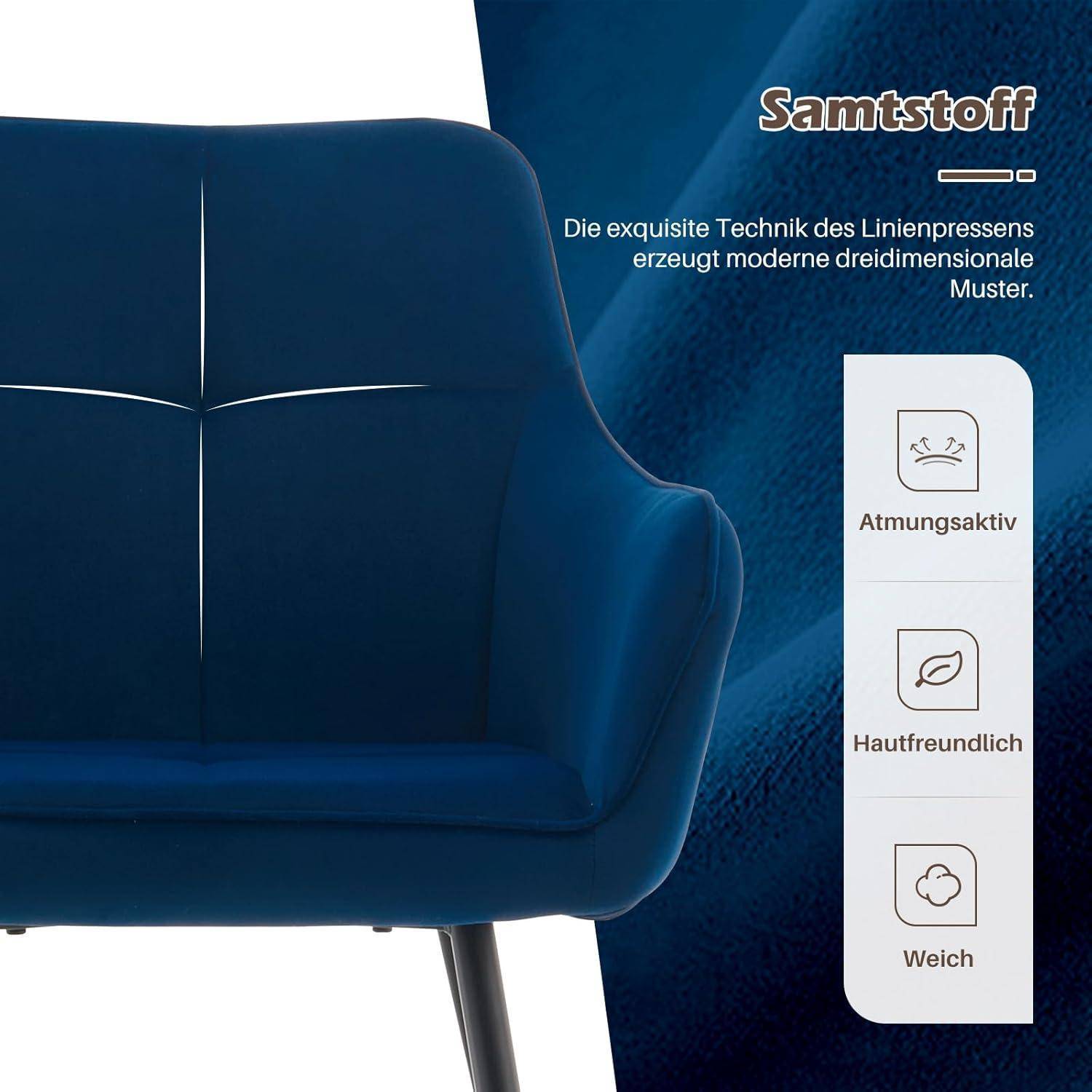 Blauer gepolsterter Sessel auf dunkelblauem Hintergrund, Werbung für „Samtstoff