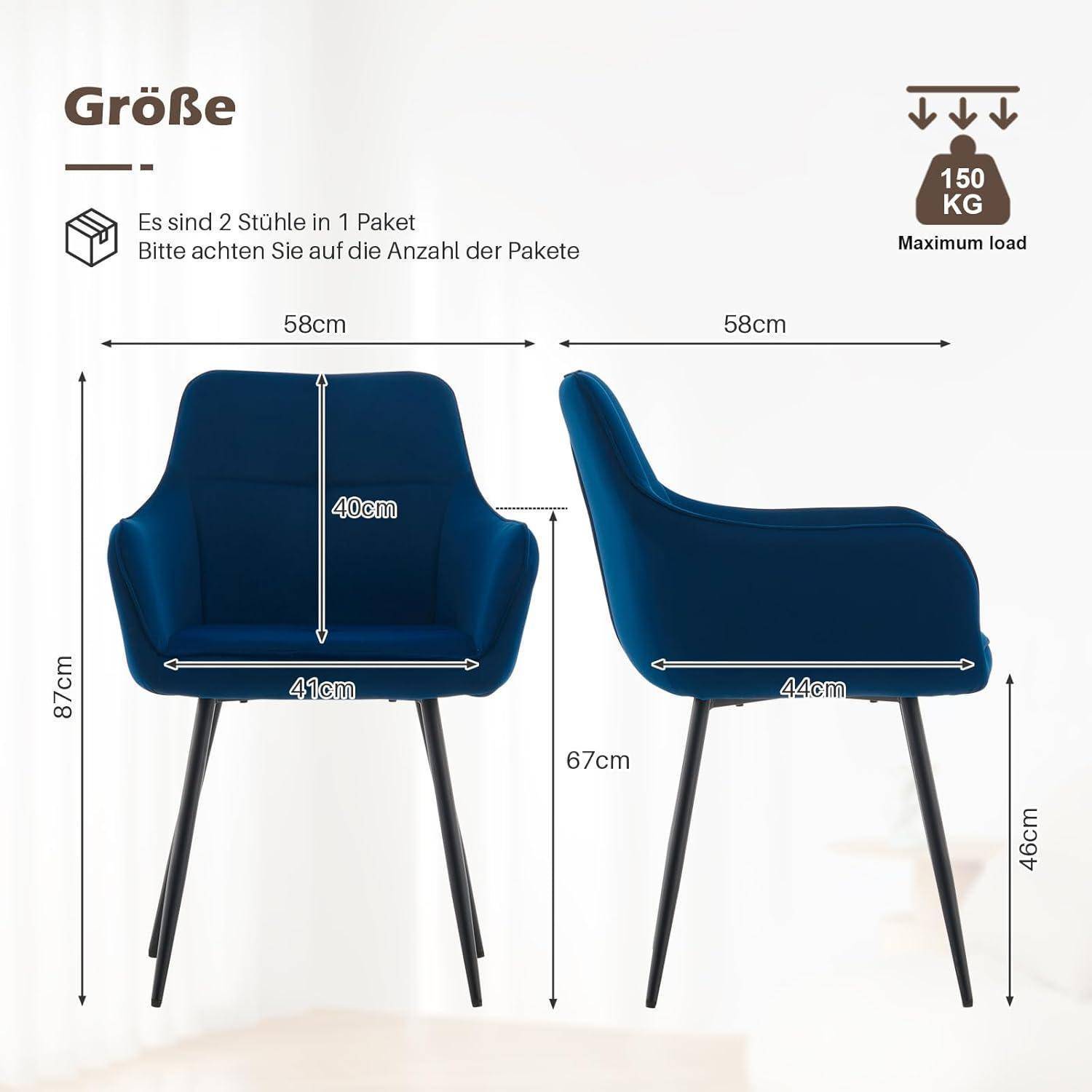 Produktgrößen-Diagramm zeigt einen blauen Stuhl in Vorder- und Seitenansicht mit Abmessungen von 58 cm Breite, 87 cm Höhe, 67 cm Sitzhöhe und maximaler Belastung von 150 kg; Notiz besagt 2 Stühle pro Paket.