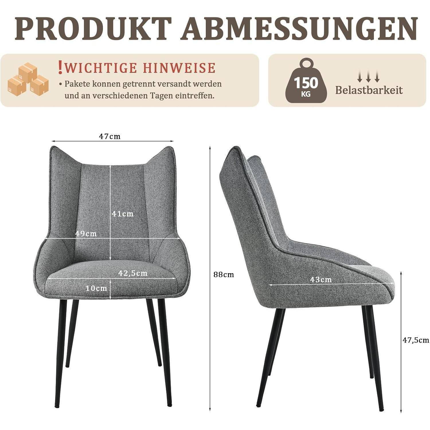 Produktdimensionen-Diagramm für einen grau gepolsterten Stuhl mit Vorder- und Seitenansichten und Maßangaben: 47 cm breit, 88 cm hoch, 47,5 cm Sitzhöhe und 150 kg Tragfähigkeit.