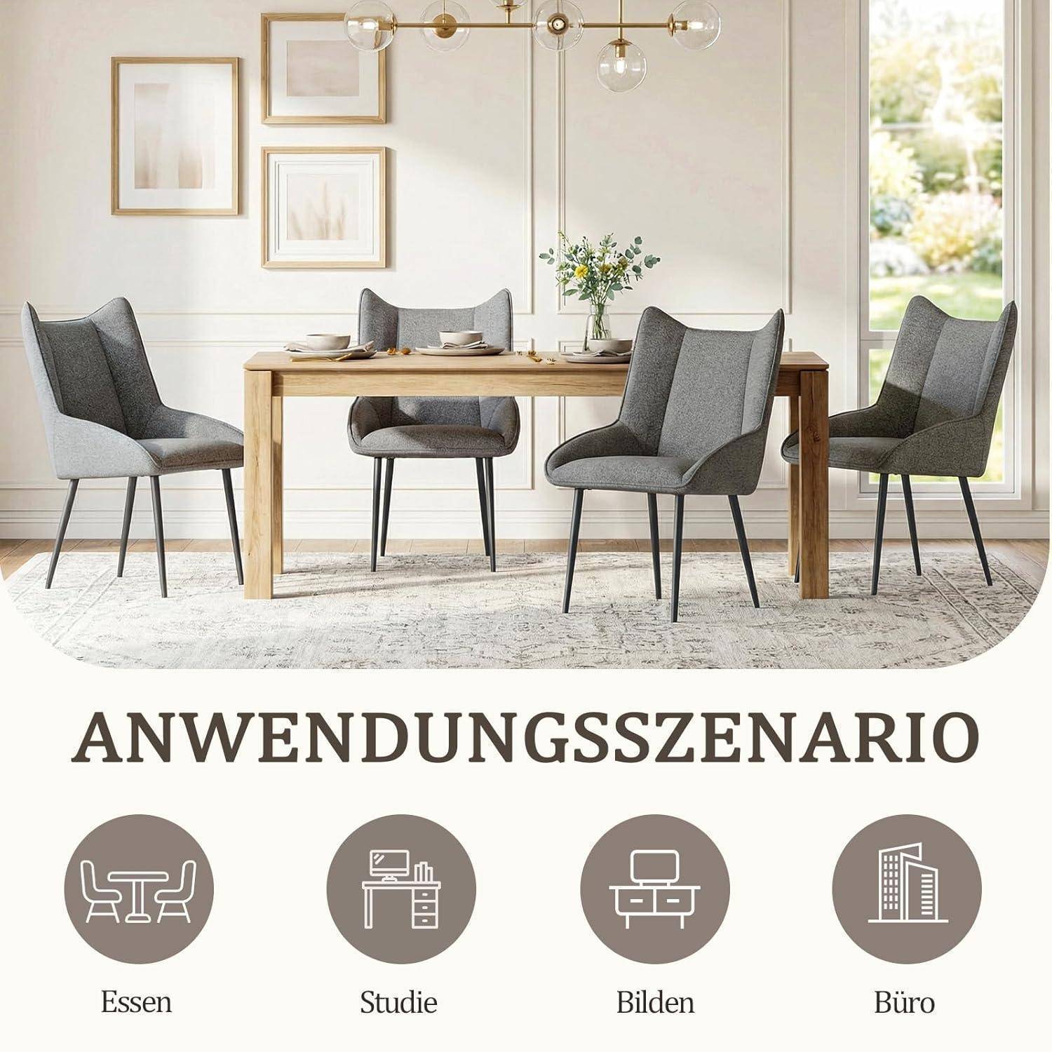 Speisezimmerszene mit grauen Stühlen um einen Holztisch; darunter die deutsche Überschrift „ANWENDUNGSSZENARIO