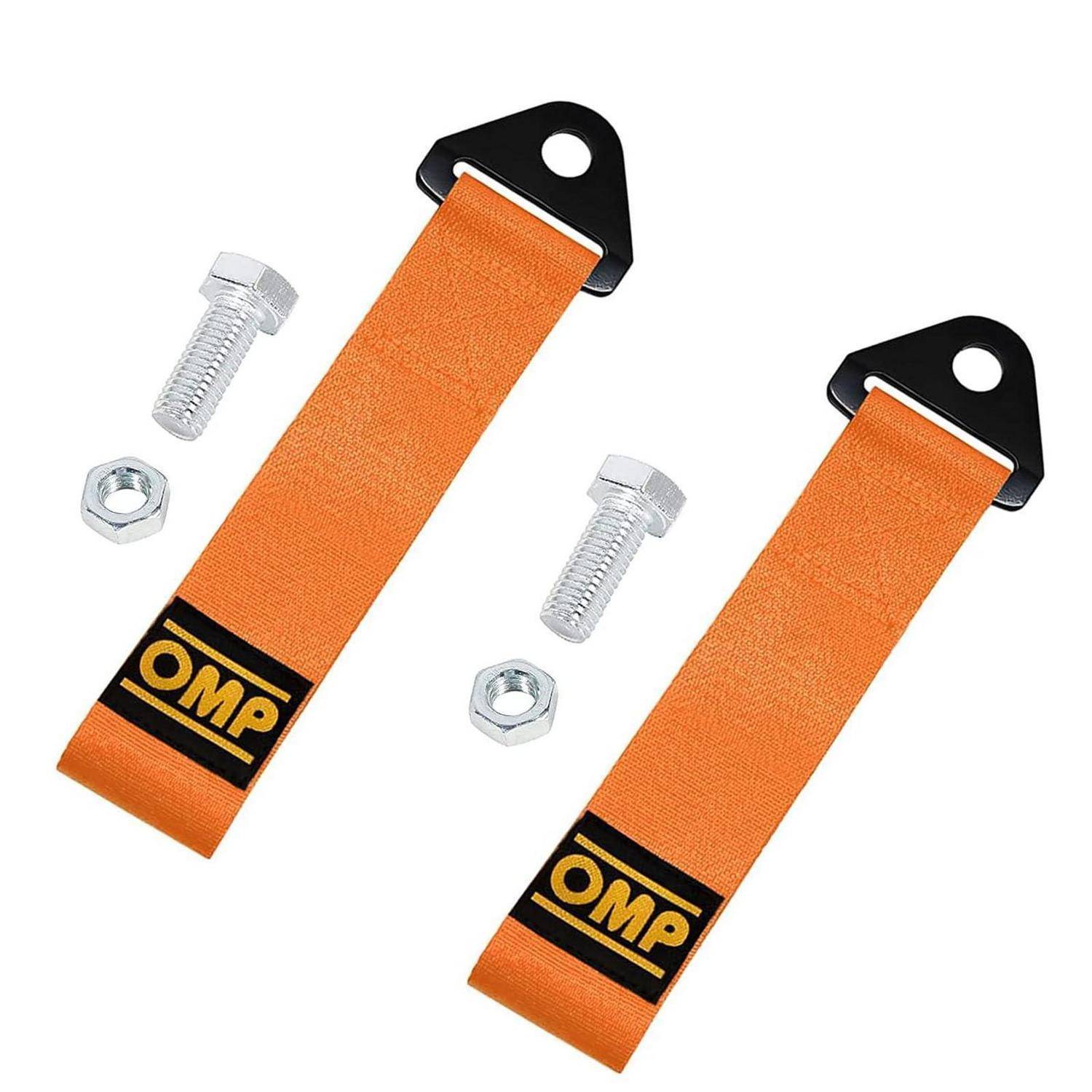 Paar orangefarbener OMP-Rennwagen-Abschleppseile mit Befestigungsklammen, Schrauben und Muttern auf weißem Hintergrund.