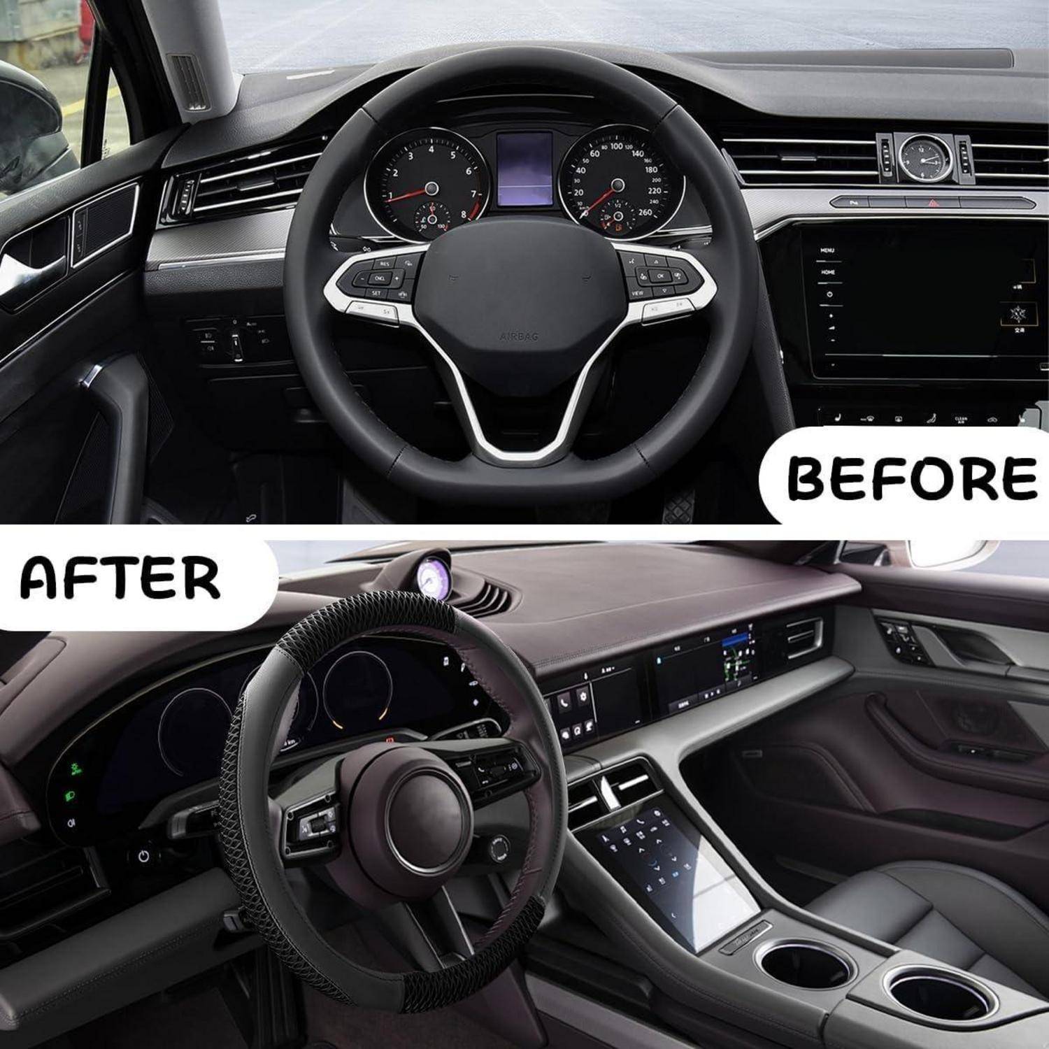 Nebeneinander "vorher"" und ""nachher"" Aufnahmen eines Autoinnenraums: Original-Lenkrad und Mittelkonsole wurden durch ein modifiziertes Lenkrad, ein breiteres digitales Display und aktualisierte Armaturenbrett-Verkleidungen ersetzt.