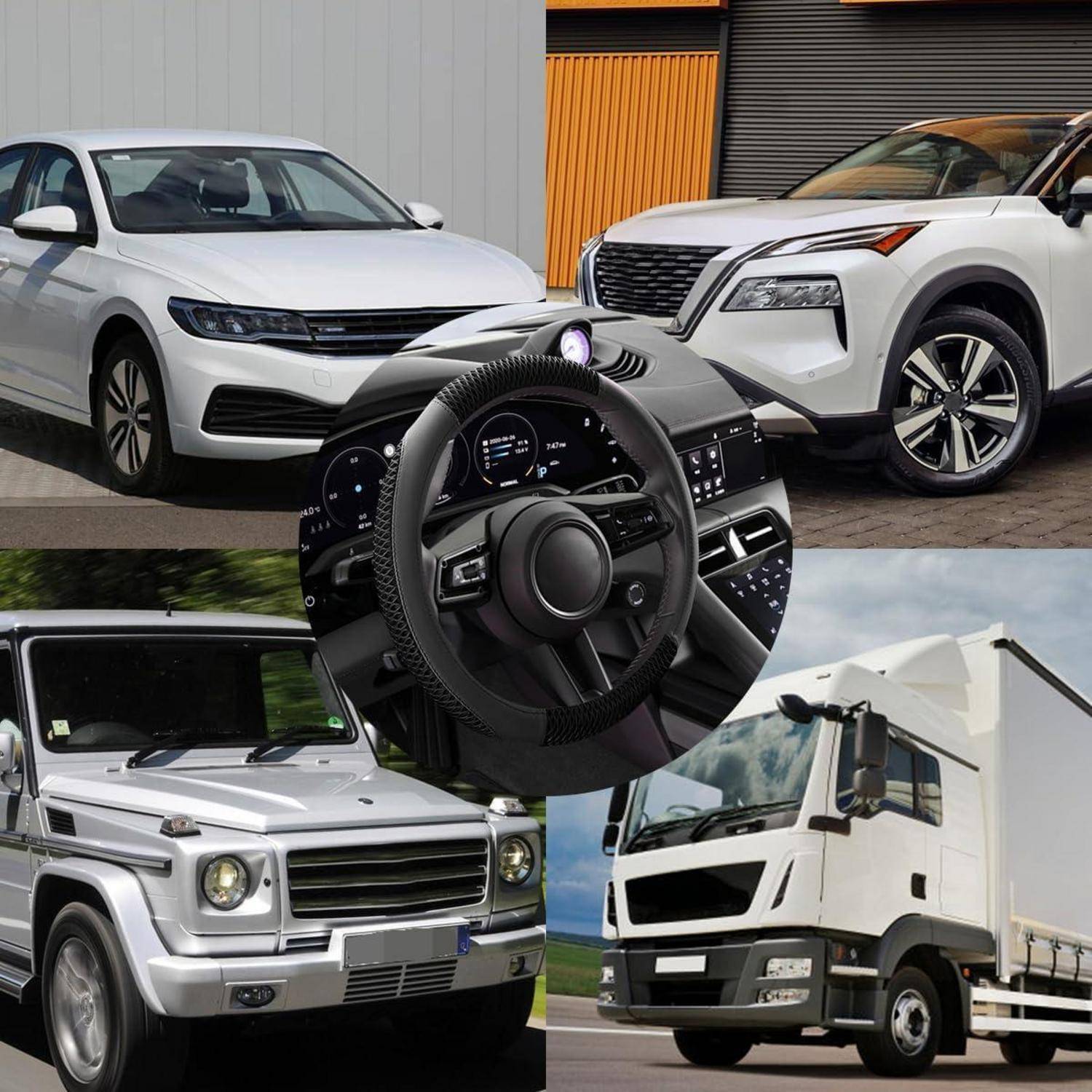 Collage von Fahrzeugen: weißer Limousine, SUV, Pickup-Truck, Kastenwagen und eine Nahaufnahme von Autolenkrad/Armaturenbrett.