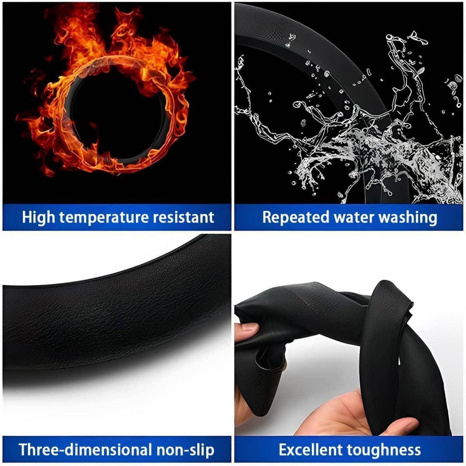 Vierpanel-Produktgrafik, die schwarzes Material zeigt, das auf Hochtemperaturbeständigkeit getestet wird, wiederholtes Waschen mit Wasser, 3D-Rutschfeste Struktur und ausgezeichnete Zähigkeit.