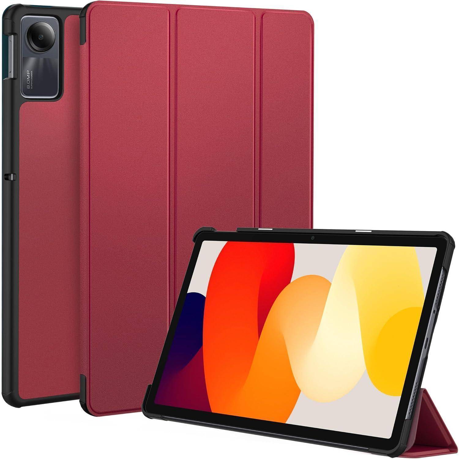 Rote Tablet-Schutzhülle mit integriertem Ständer, gezeigt mit einem Tablet, das einen farbenfrohen abstrakten Bildschirm anzeigt.