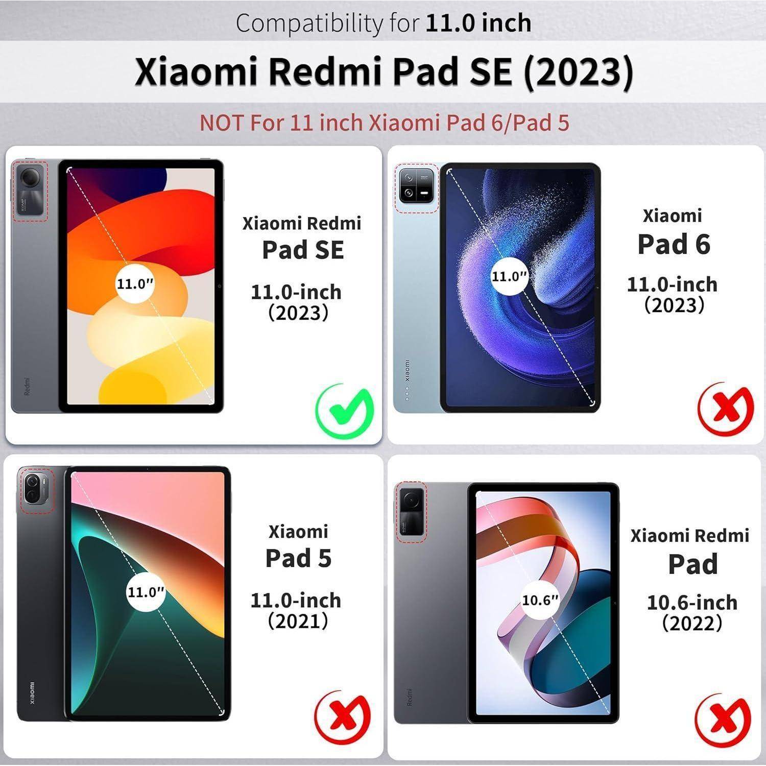 Kompatibilitätstabelle zeigt, dass Xiaomi Redmi Pad SE (2023) zum 11,0-Zoll-Modell passt, aber nicht zu Xiaomi Pad 6, Xiaomi Pad 5 oder Xiaomi Redmi Pad 10,6-Zoll-Modellen.