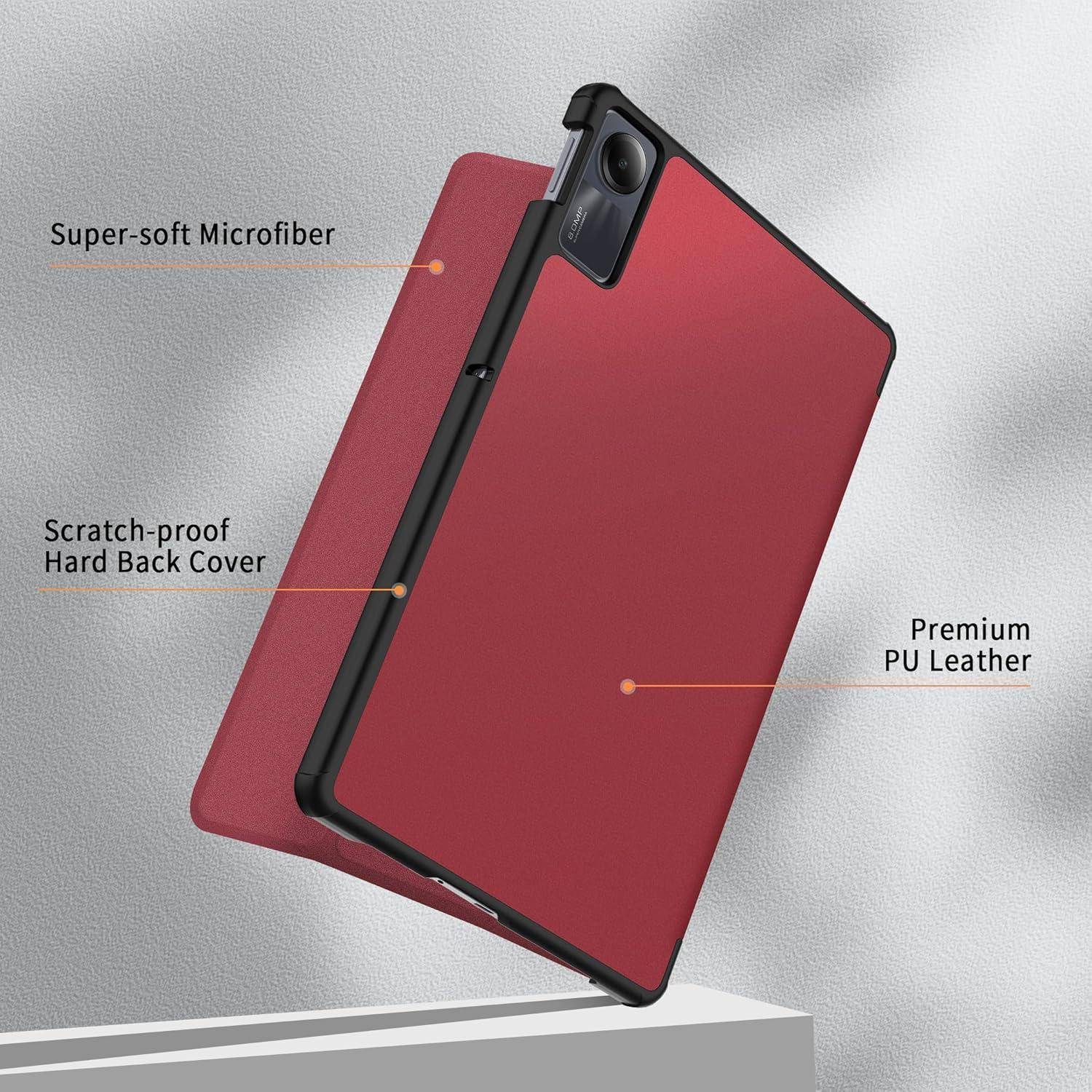 Rote Tablet-Schutzhülle mit Kameraausschnitt, bezeichnet als Premium-PU-Leder mit superweicher Mikrofaser-Innenseite und kratzfester harter Rückseite.