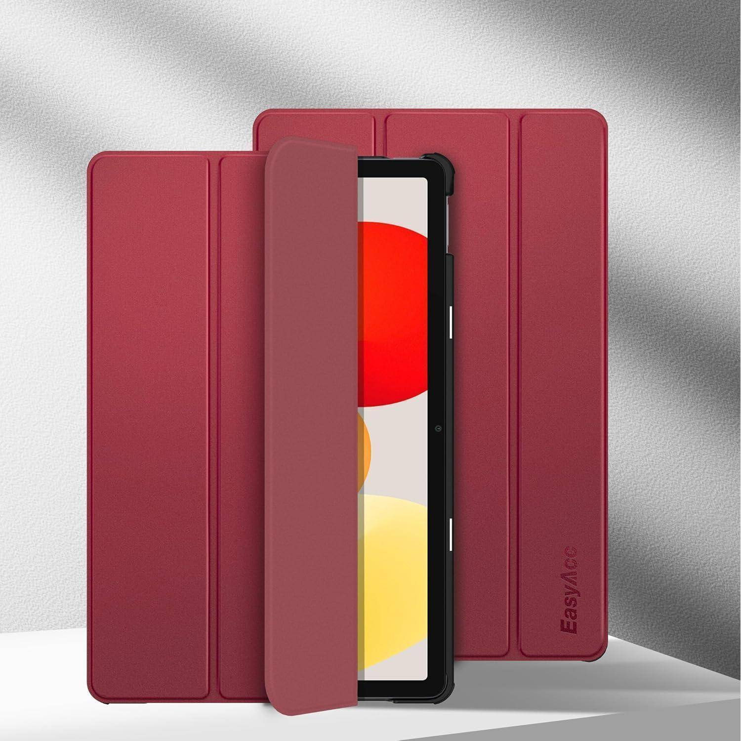 Rote Tablet-Schutzhülle, teilweise geöffnet, zeigt einen Tablet-Bildschirm mit farbigen Kreisen auf einer grauen Oberfläche.