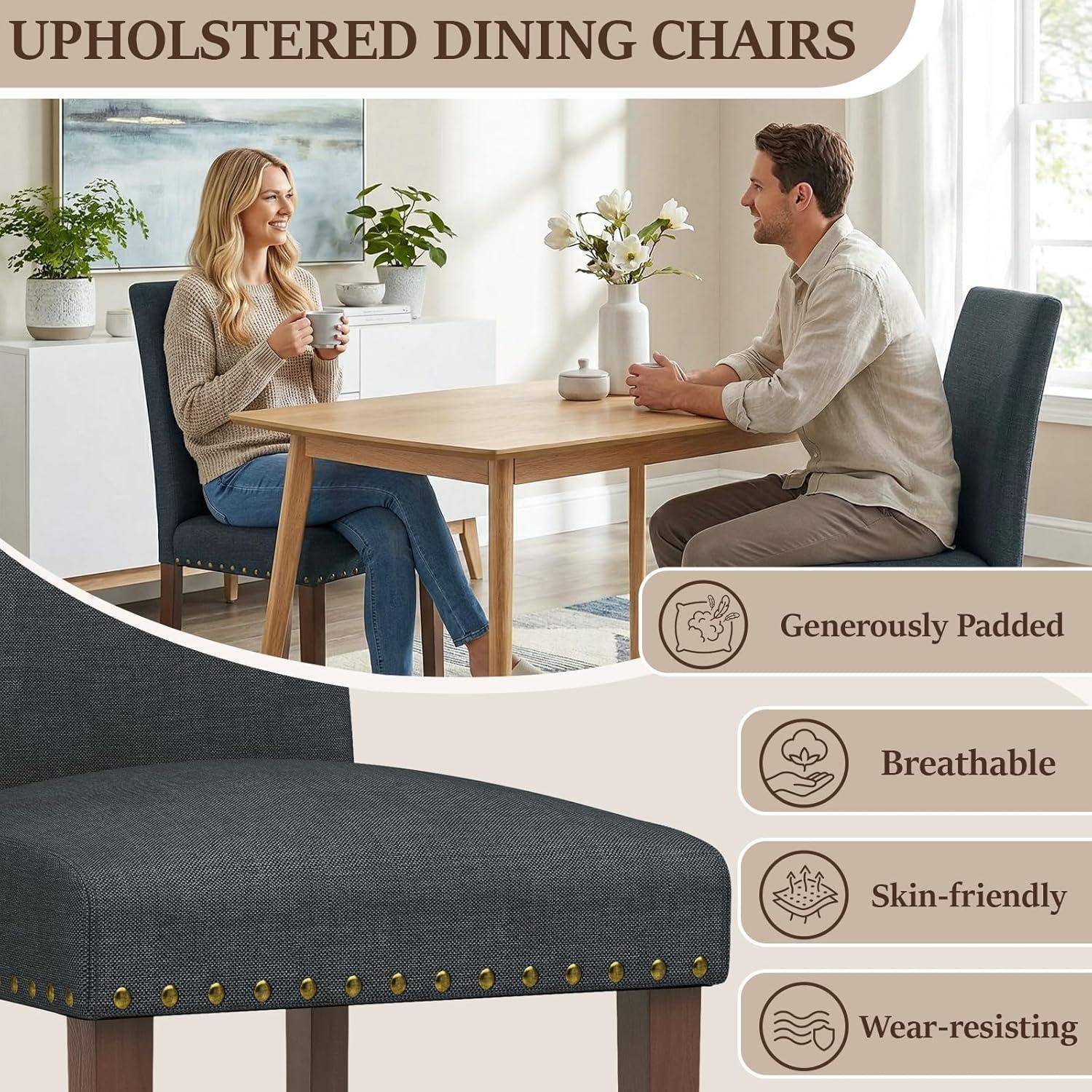 Clevich Esszimmerstühle 2er Set, Traditionell mit Nieten Vielseitiger, Leinen mit Massivholzbeinen, Gepolsterte Sitzfläche, für Küche, Esszimmer