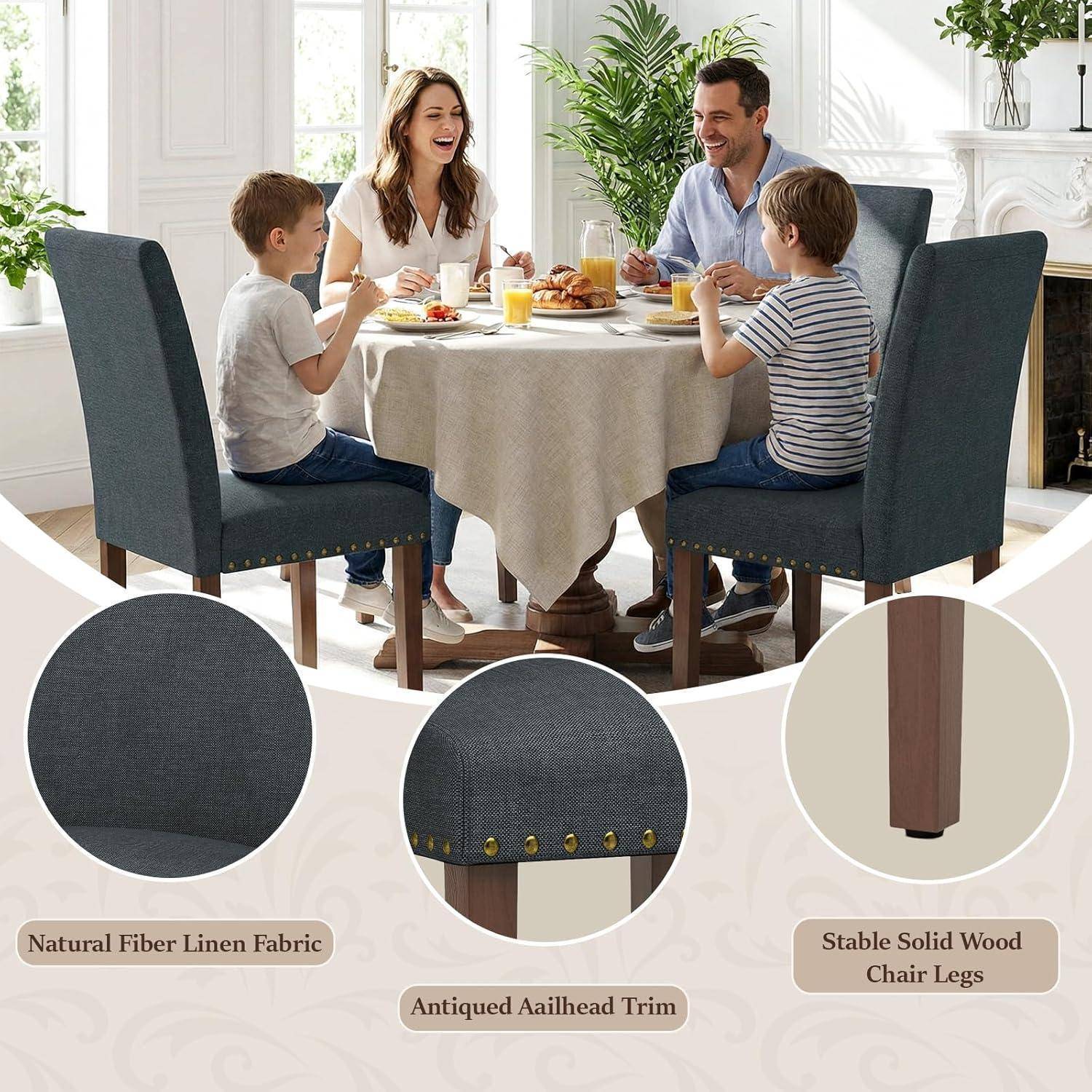 Clevich Esszimmerstühle 2er Set, Traditionell mit Nieten Vielseitiger, Leinen mit Massivholzbeinen, Gepolsterte Sitzfläche, für Küche, Esszimmer