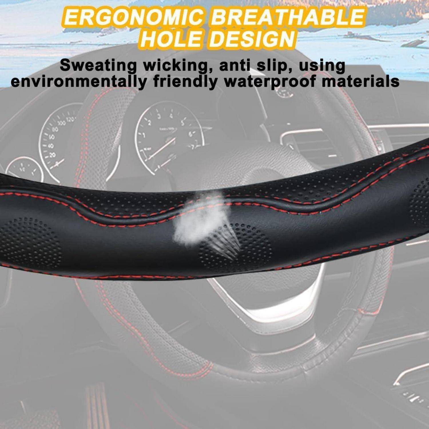 Werbebild einer schwarzen Lenkradabdeckung mit roter Naht, gekennzeichnet mit "ERGONOMISCHES ATMUNGSAKTIVES LOCHMUSTER"" und ""Schweißableitung, rutschfest, mit umweltfreundlichen wasserdichten Materialien"".