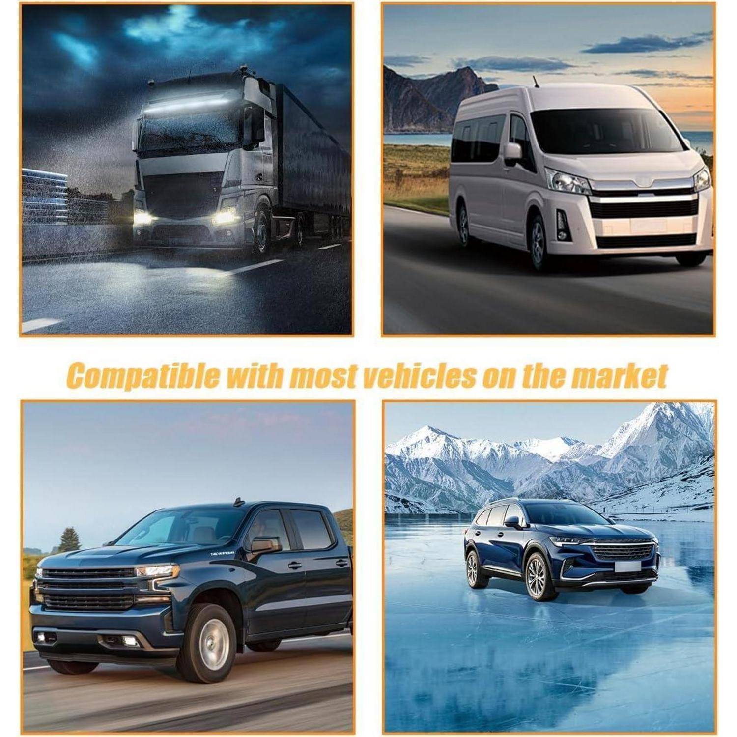 Collage aus einem Lastkraftwagen, Lieferwagen, Pickup und SUV mit der Beschriftung „Kompatibel mit den meisten Fahrzeugen auf dem Markt", die Fahrzeugkompatibilität zeigt.