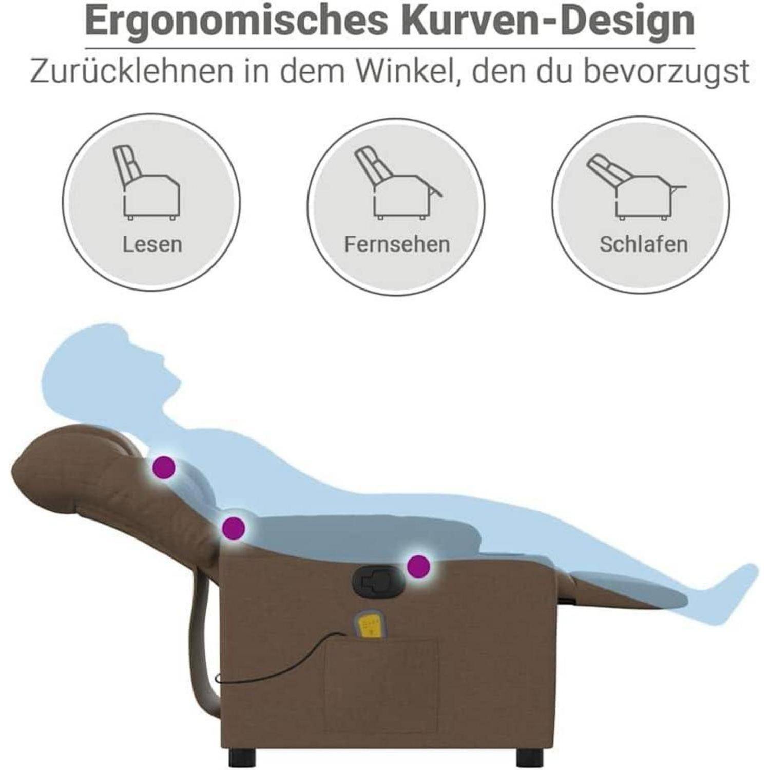 Illustration eines ergonomischen gebogenen Relaxsessels mit drei Positionen: Lesen, Fernsehen und Schlafen, die verstellbare Rückenlehnenwinkel für Komfort zeigen.
