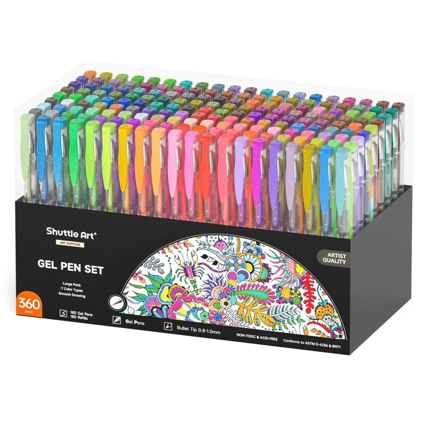 Eine Anzeigeschachtel mit 360 Shuttle Art Gelstiften in vielen Farben, beschriftet mit „Artist Quality