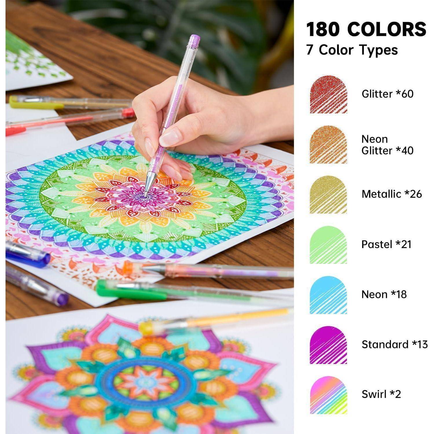 Mit Gelstiften ein farbenfohes Mandala von Hand zeichnen; das Seitenpanel wirbt für „180 FARBEN