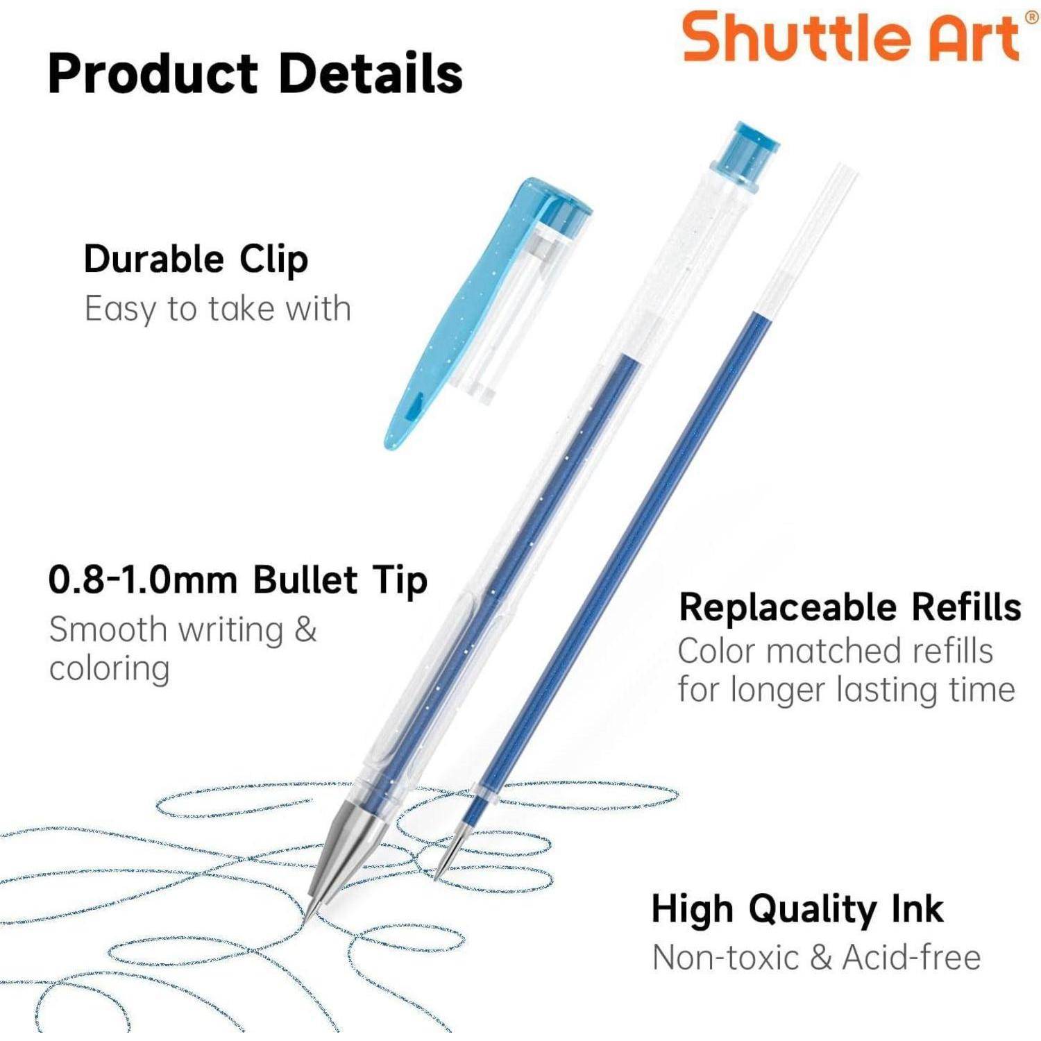 Shuttle Art Produktdetails-Grafik mit einem blauen Stift mit Clip, 0,8-1,0 mm Kugelspitze, austauschbaren Nachfüllungen und hochwertigem, ungiftigem Tinte.
