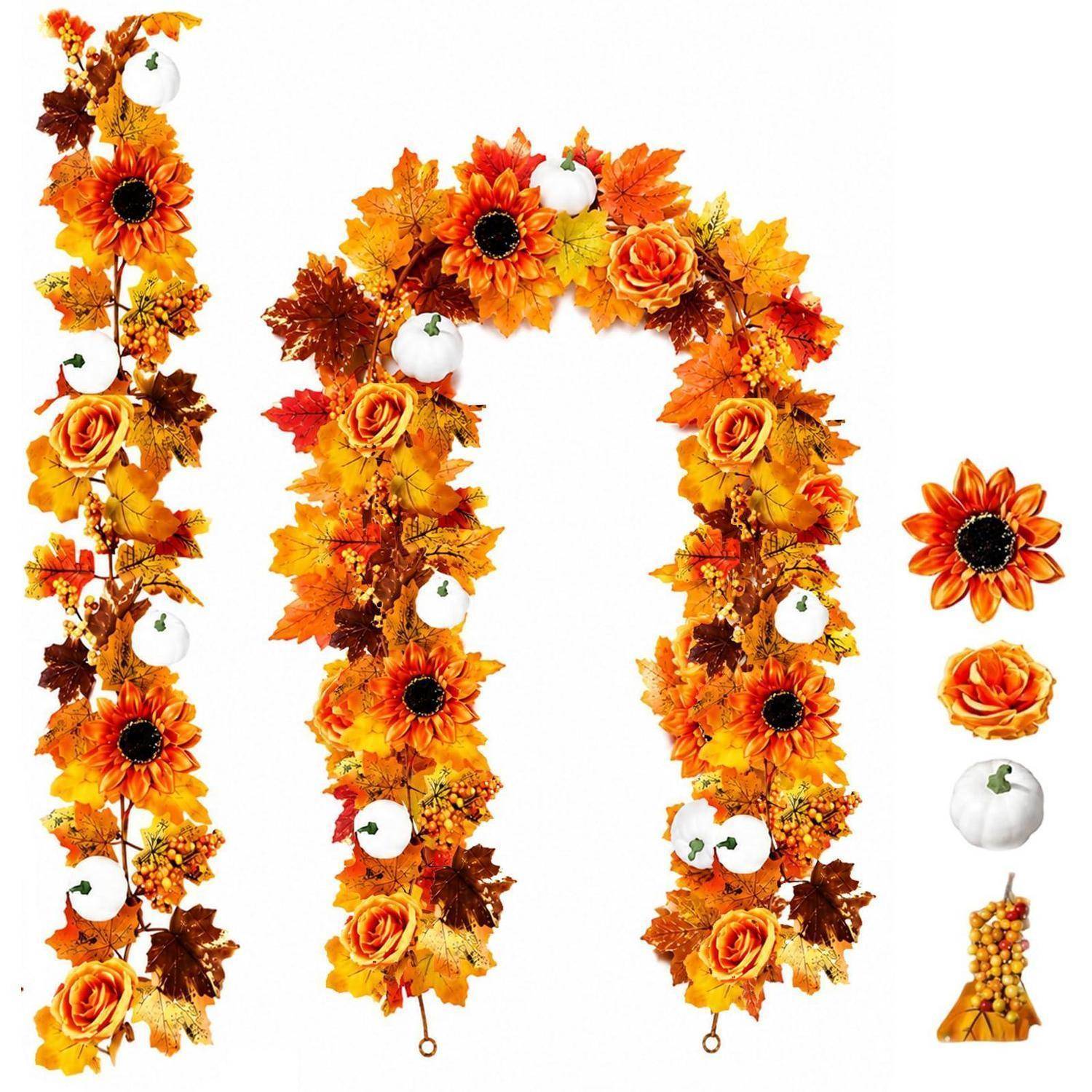 Herbstliches Blumenkranz- und Girlanden-Dekor aus orangefarbenen Blättern, Sonnenblumen, Rosen und kleinen weißen Kürbissen, dargestellt in separaten vertikalen Anordnungen mit losen passenden Elementen.