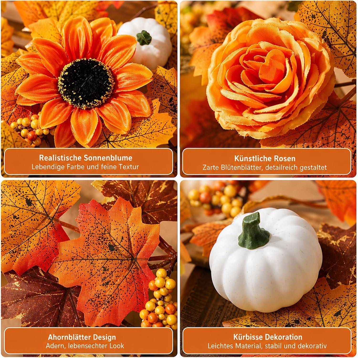 Herbstdeko Blätter Girlande, 2 Stück Kürbis und Ahornblätter Deko | Für Herbstdekoration Indoor und Outdoor, Lange Girlande für Tisch Deko und P