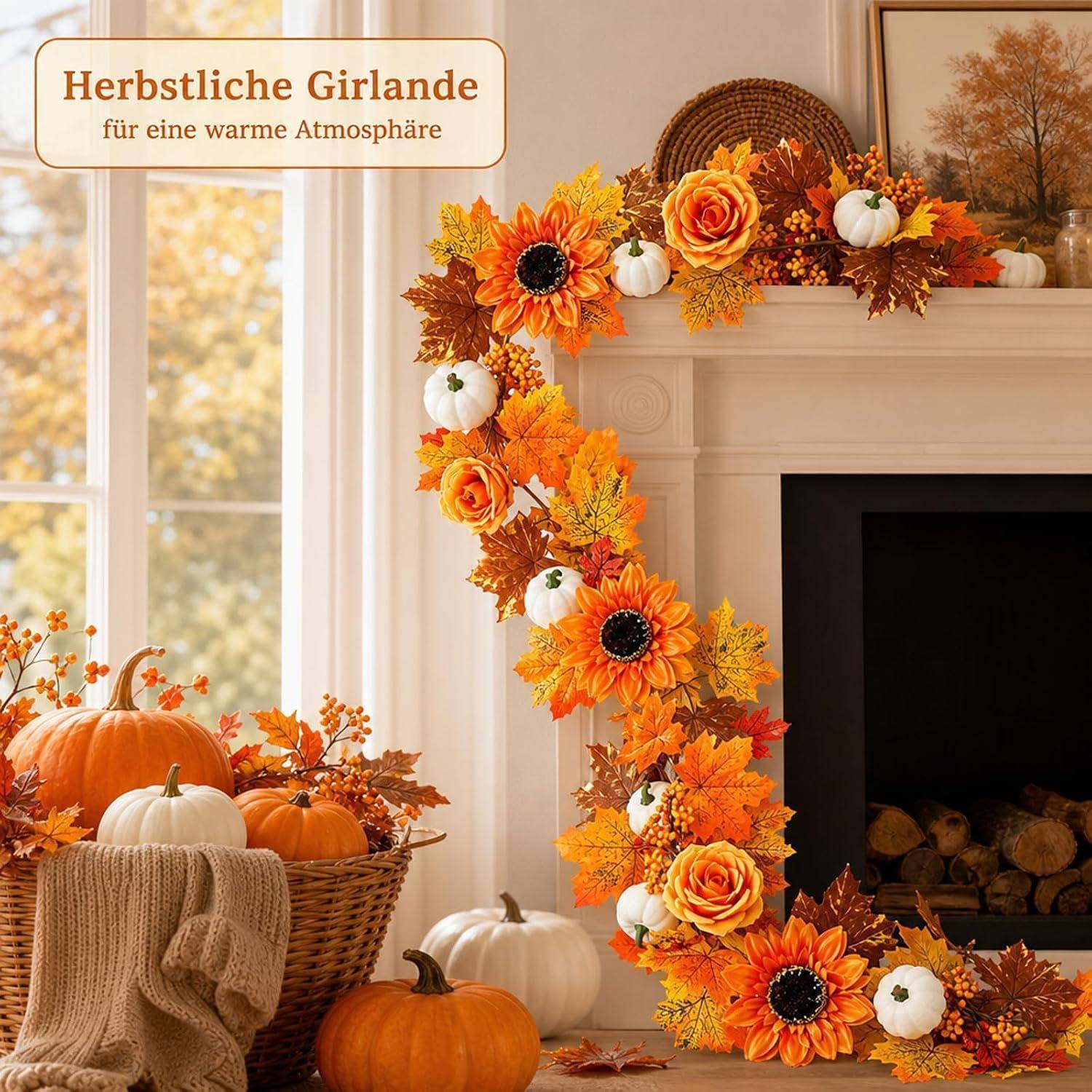 Herbstliche Girlande über einem Kamin mit Kürbissen und Herbstblättern drapiert; deutscher Text lautet „Herbstliche Girlande für eine warme Atmosphäre