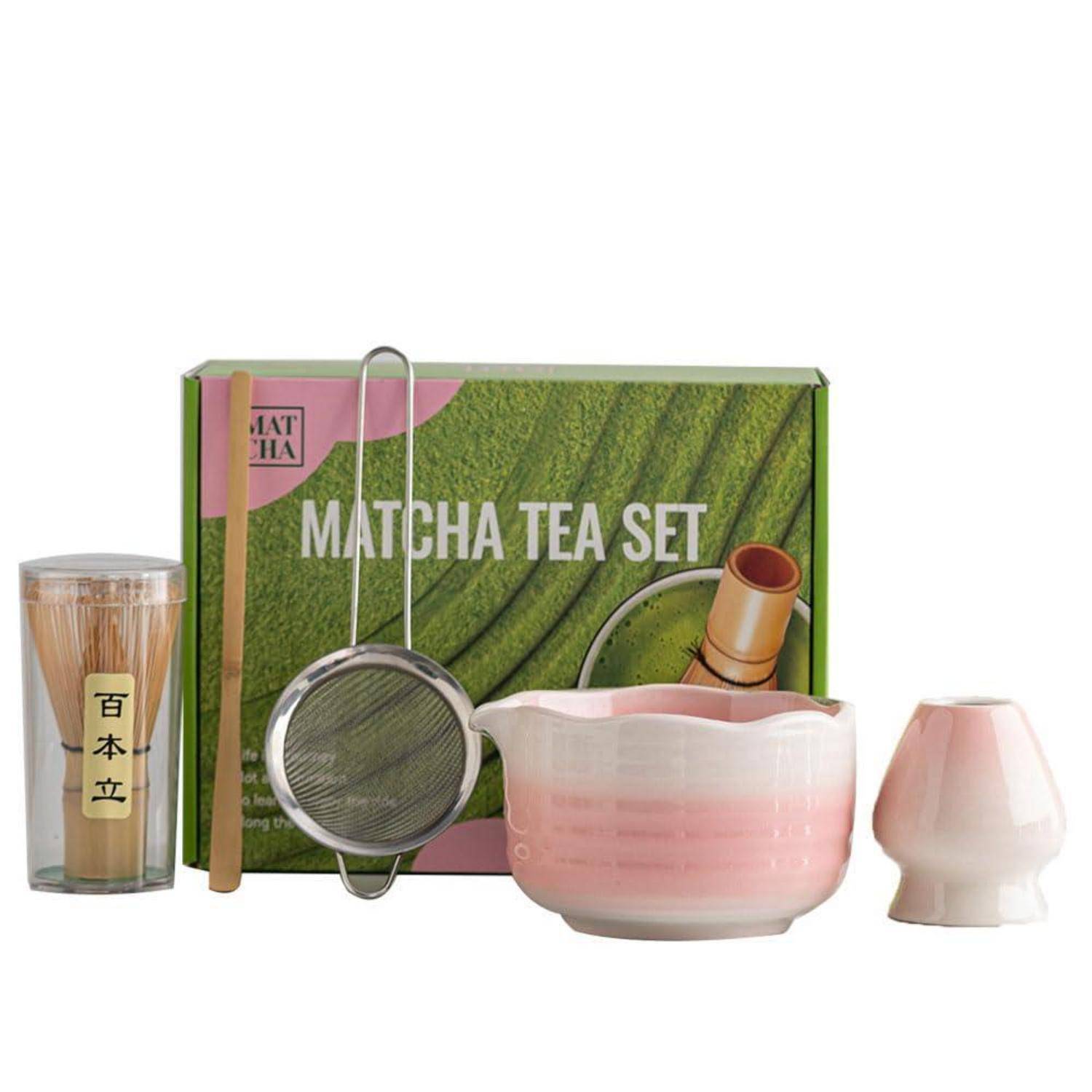 Matcha-Tee-Set mit Box, Bambusbesen, Metallsieb, rosa Messchale, Glastasse und kleinem Keramikbehälter.