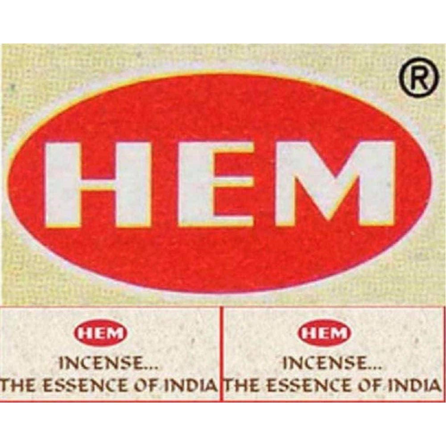 HEM Räucherstäbchen-Logo mit rotem Oval und weißem Text „HEM