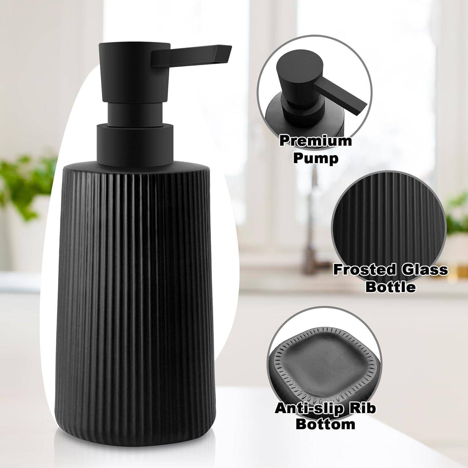 Schwarze gerillte mattierte Glaspumpflasche mit Beschriftungen für „Premium Pumpe