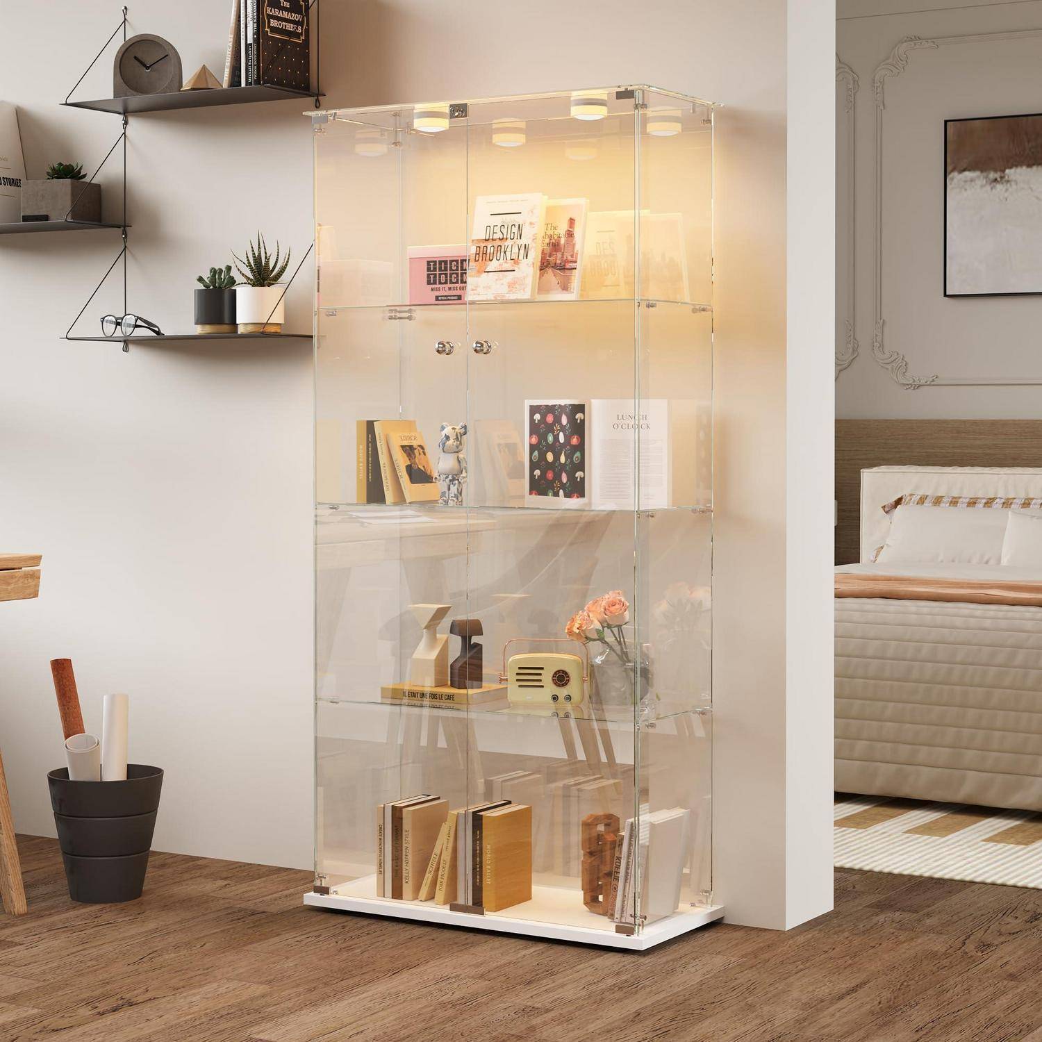 Glasvitrine Standvitrine mit LED Beleuchtung, Glasvitrine Stehend mit 4 Lagen Glas, Vitrinenschrank 2 TüR und Schloss Vitrine Glasschrank für Wohnzi