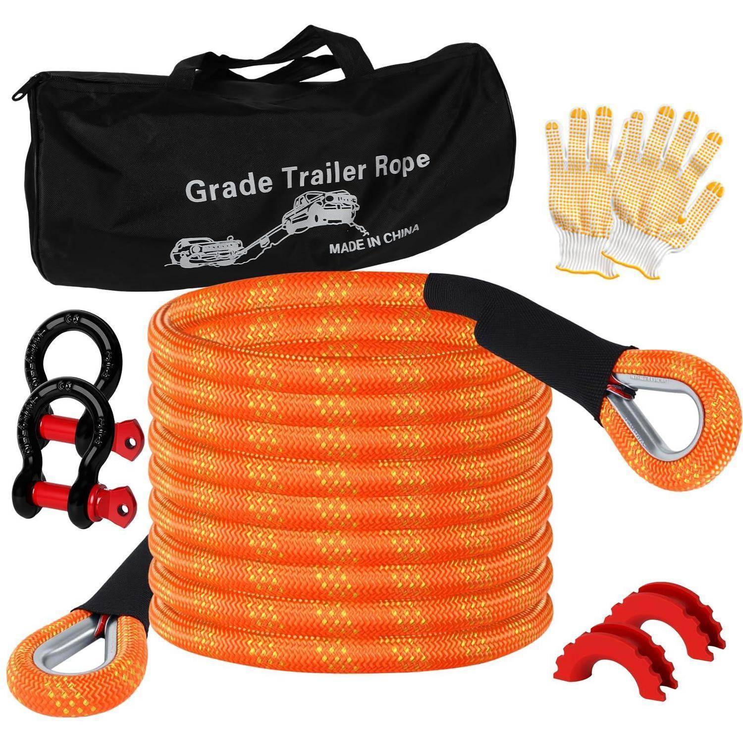 Orange Grade Anhänger Seilset mit Tragetasche, zwei Schäkeln, Handschuhen und roten Eckenschutzvorrichtungen, auf weißem Hintergrund dargestellt.