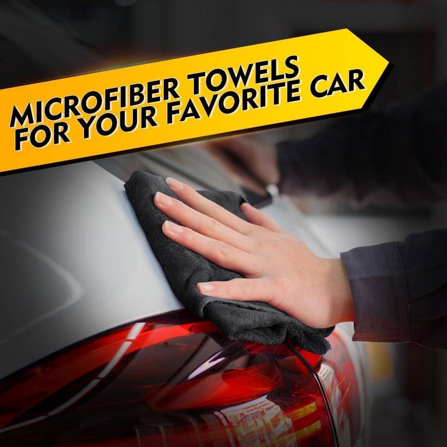 Hand wischt mit schwarzem Mikrofasertuch das Heck eines Autos; Bannertexte lesen „MIKROFASERTÜCHER FÜR DEIN LIEBINGSAUTO