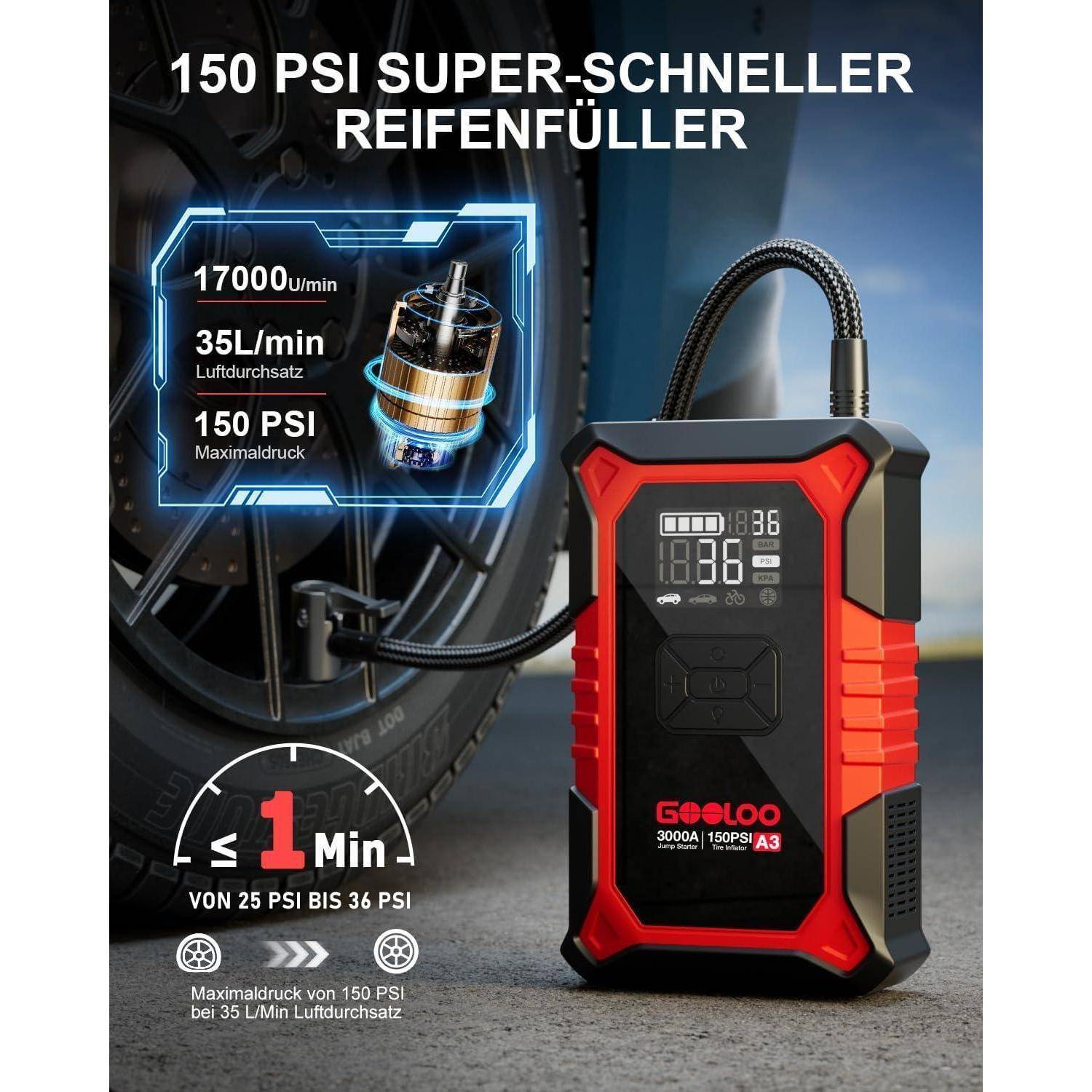 GOOLOO A3 Starthilfe Powerbank mit Kompressor, 3000A 150PSI Spitzenstrom Starter Powerbank für 12V Fahrzeuge(Bis zu 9.0L Benzin/6.5L Diesel)