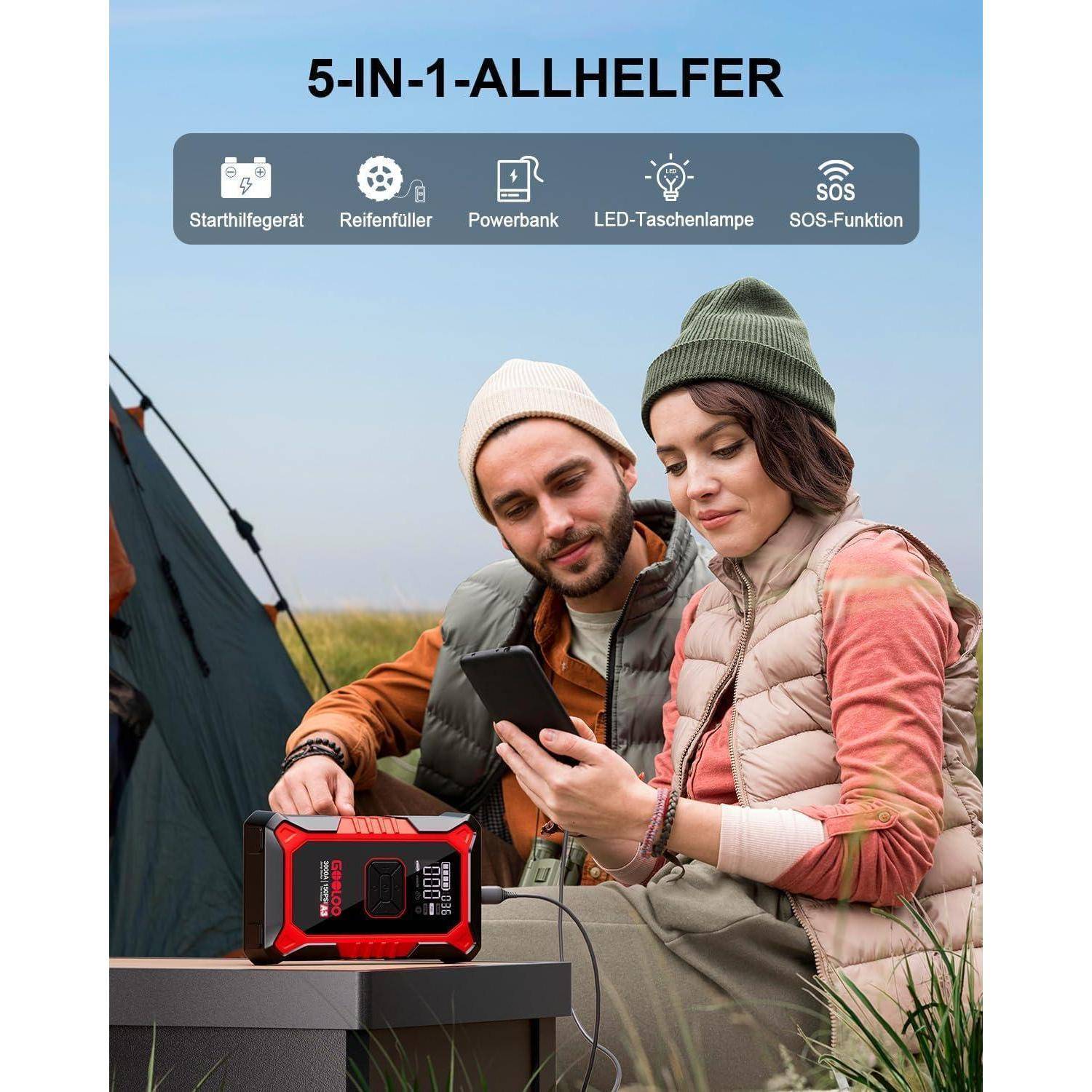 Ein Paar, das neben einem Zelt campiert, benutzt ein „5-in-1