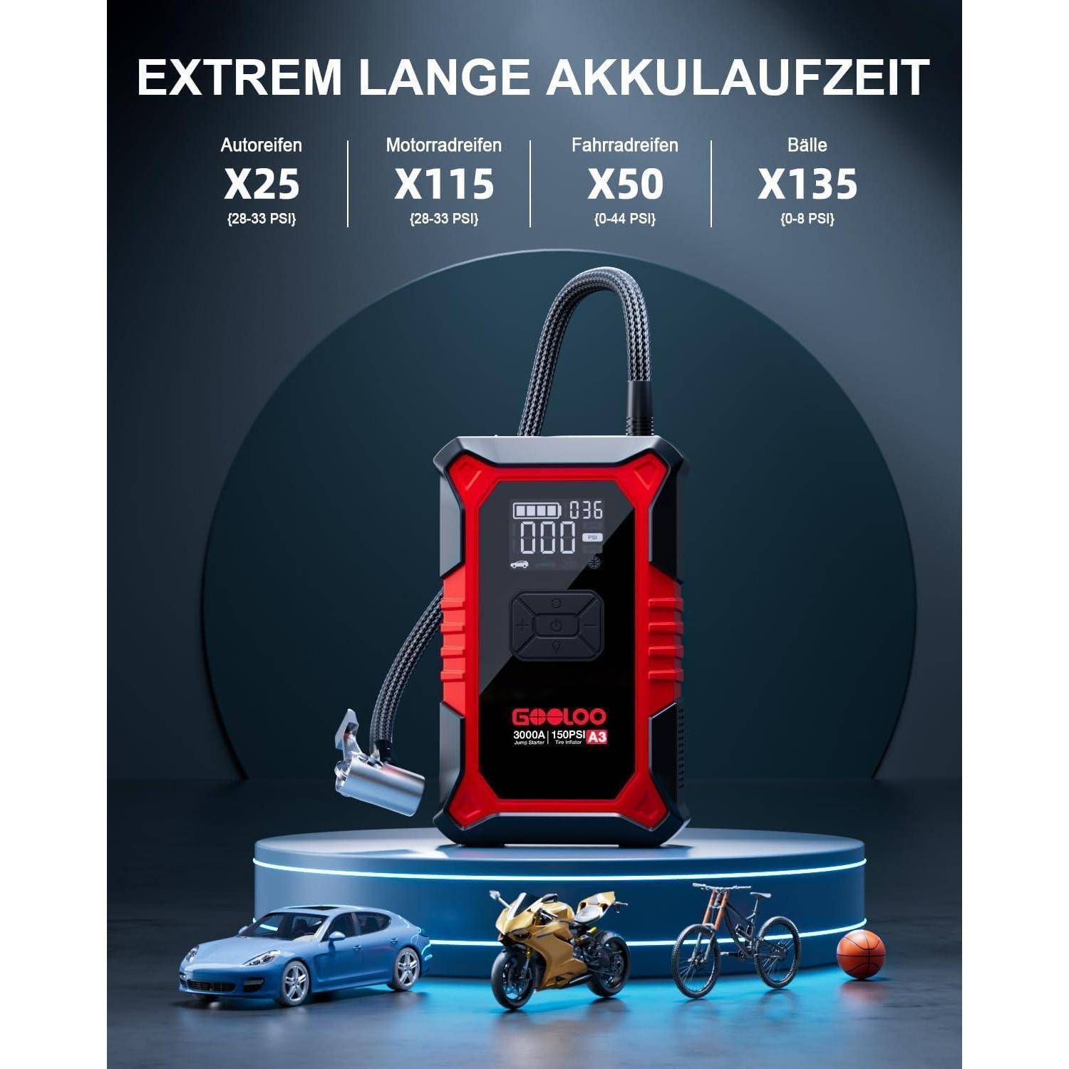 GOOLOO A3 Starthilfe Powerbank mit Kompressor, 3000A 150PSI Spitzenstrom Starter Powerbank für 12V Fahrzeuge(Bis zu 9.0L Benzin/6.5L Diesel)
