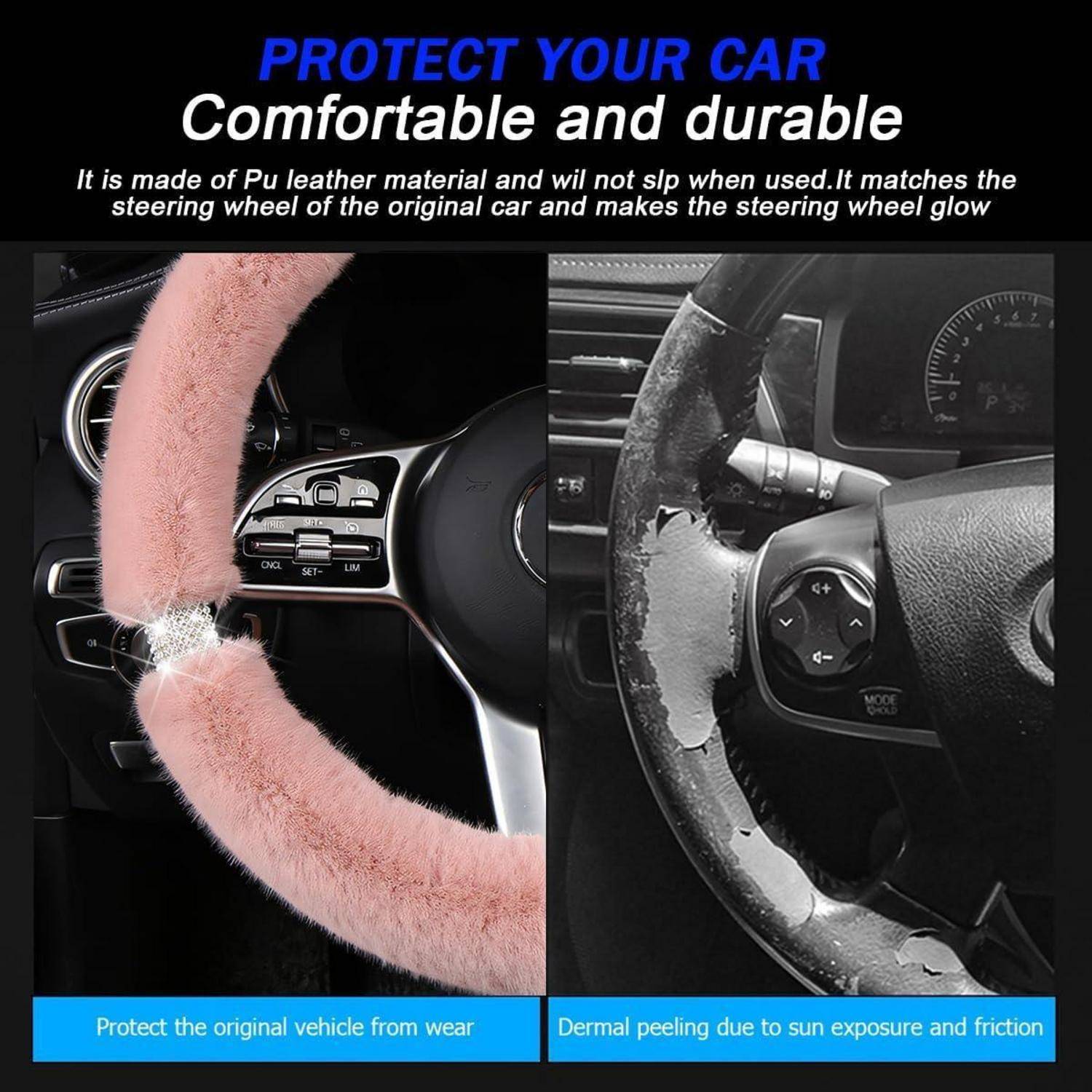 Werbegrafik, die eine flauschige rosa Lenkradabdeckung vergleicht, die ein Autorad schützt, mit einem abgenutzten, abblätternden Rad, mit dem Text „Schützen Sie Ihr Auto".