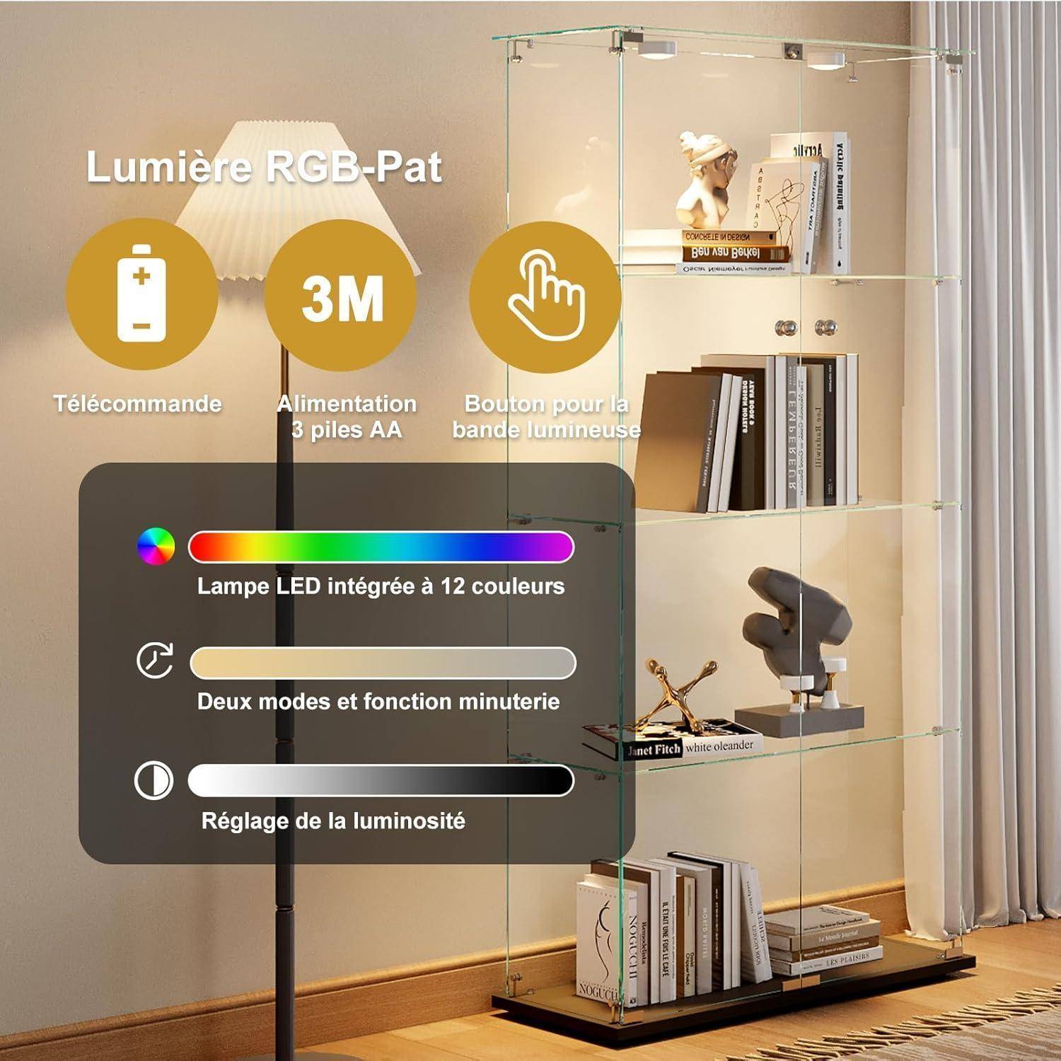 Glasvitrine Standvitrine mit LED,Modern Glas Vitrinenschrank für Sammlerstücke Bücher Wein,4 Glasböden & 2 Türen abschließbar,163x78x35 cm, Schw