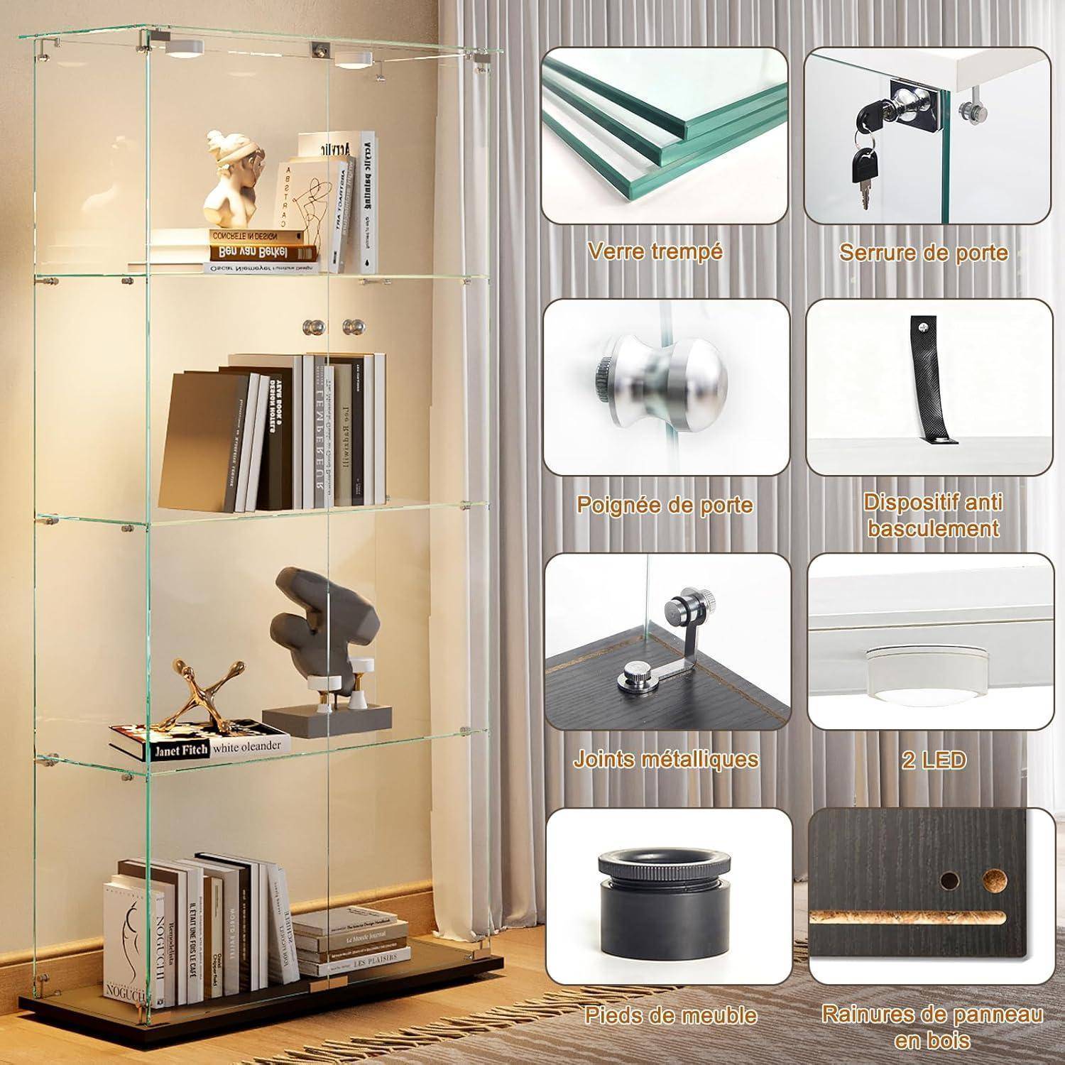 Glasvitrine Standvitrine mit LED,Modern Glas Vitrinenschrank für Sammlerstücke Bücher Wein,4 Glasböden & 2 Türen abschließbar,163x78x35 cm, Schw